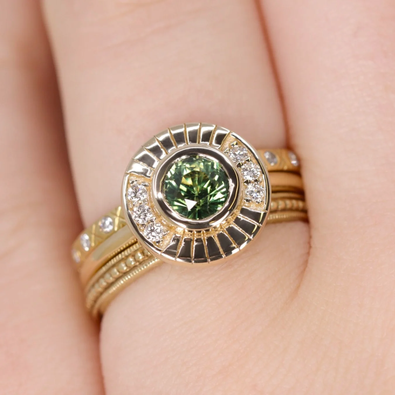 Addison - Green Sapphire Art Deco Halo Engagement Ring - Ready-to-Wear - Image 4