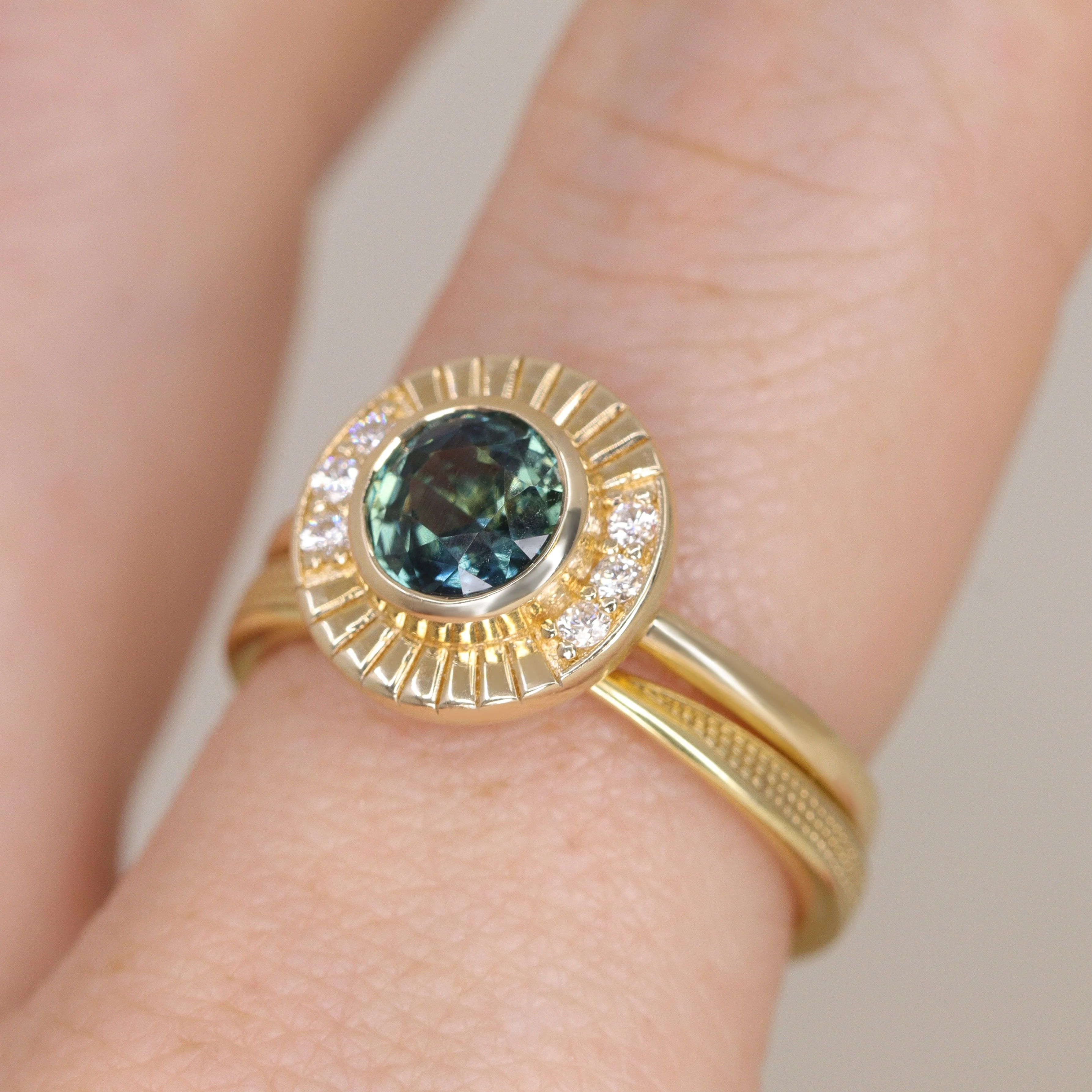 Addison - Teal Sapphire Art Deco Halo Custom Engagement Ring - Image 3