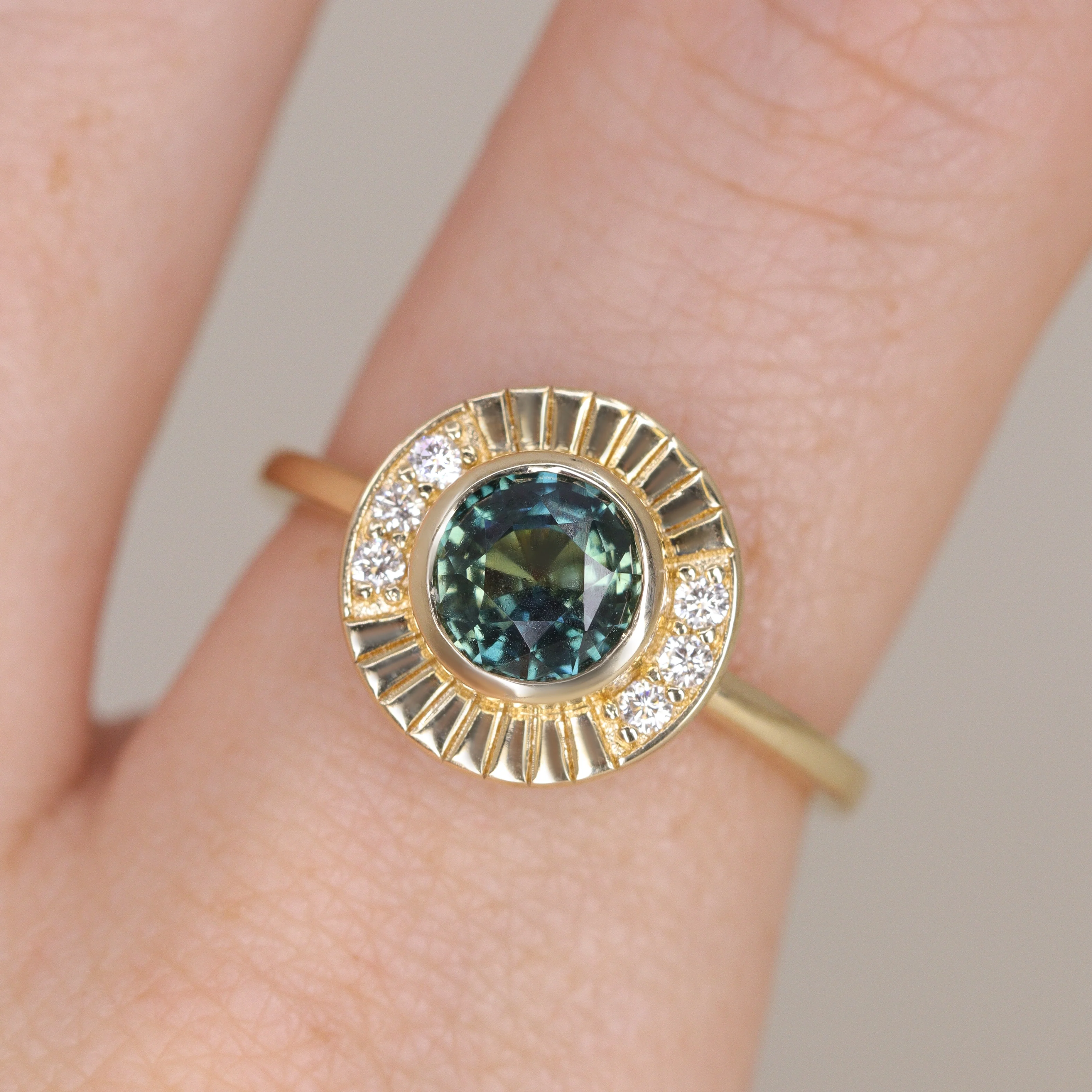 Addison - Teal Sapphire Art Deco Halo Custom Engagement Ring - Image 4