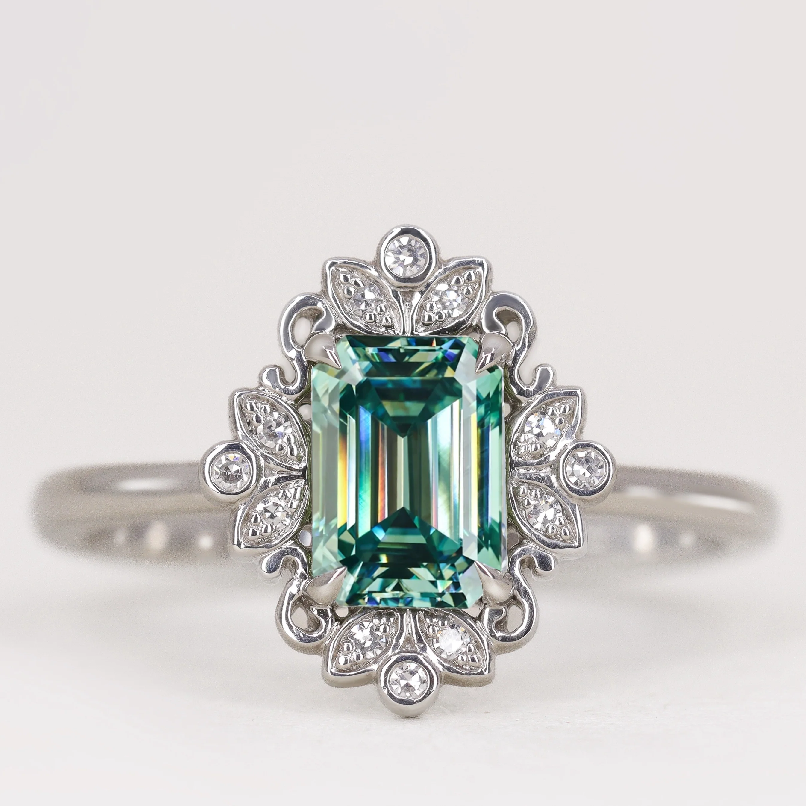 Annette - Emerald Cut Tourmaline Floral Halo Custom Engagement Ring - Image 3