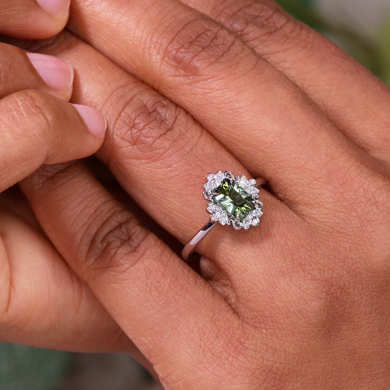 Annette - Emerald Cut Tourmaline Floral Halo Custom Engagement Ring - Image 6