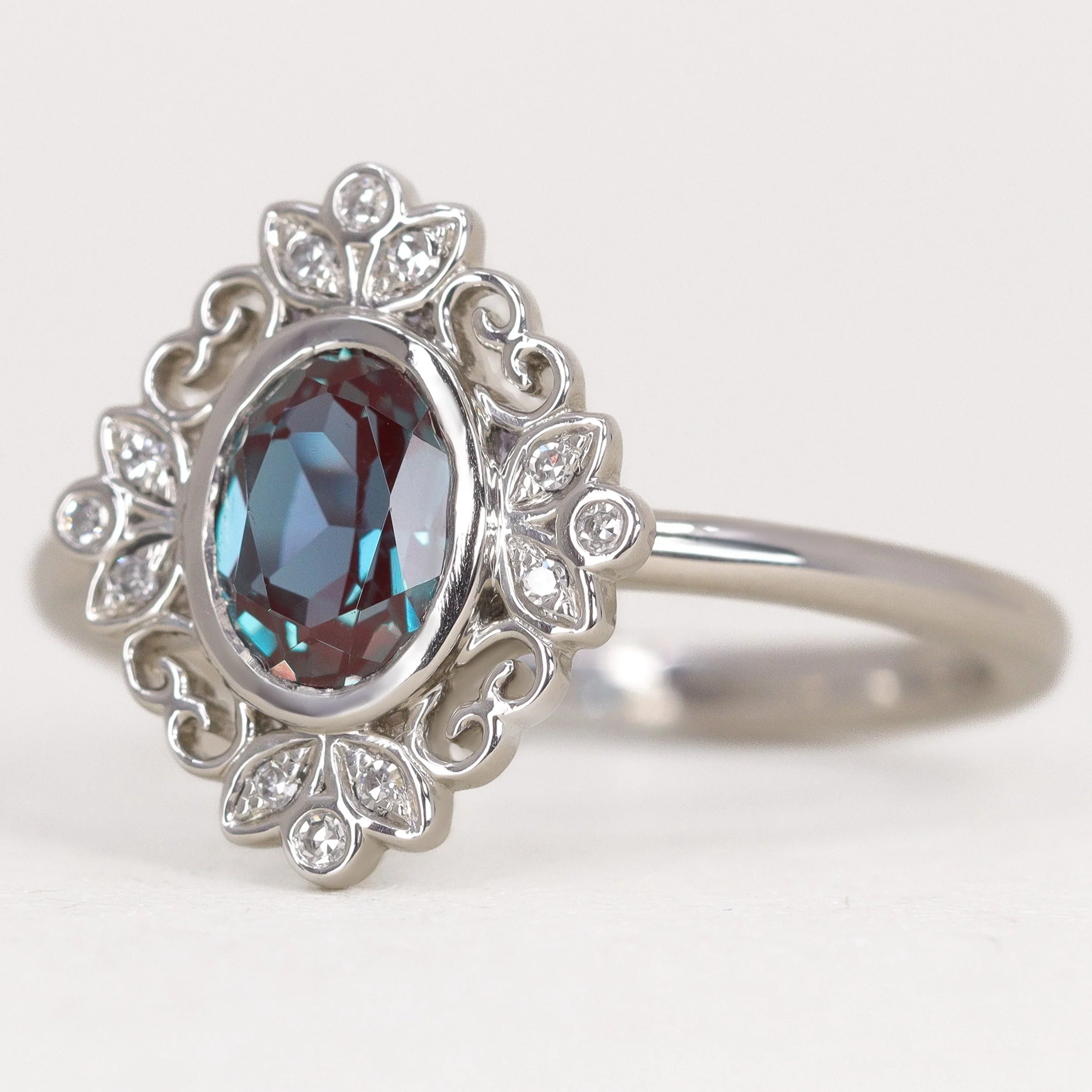 Annette - Oval Lab-Grown Alexandrite Floral Halo Custom Engagement Ring - Image 3