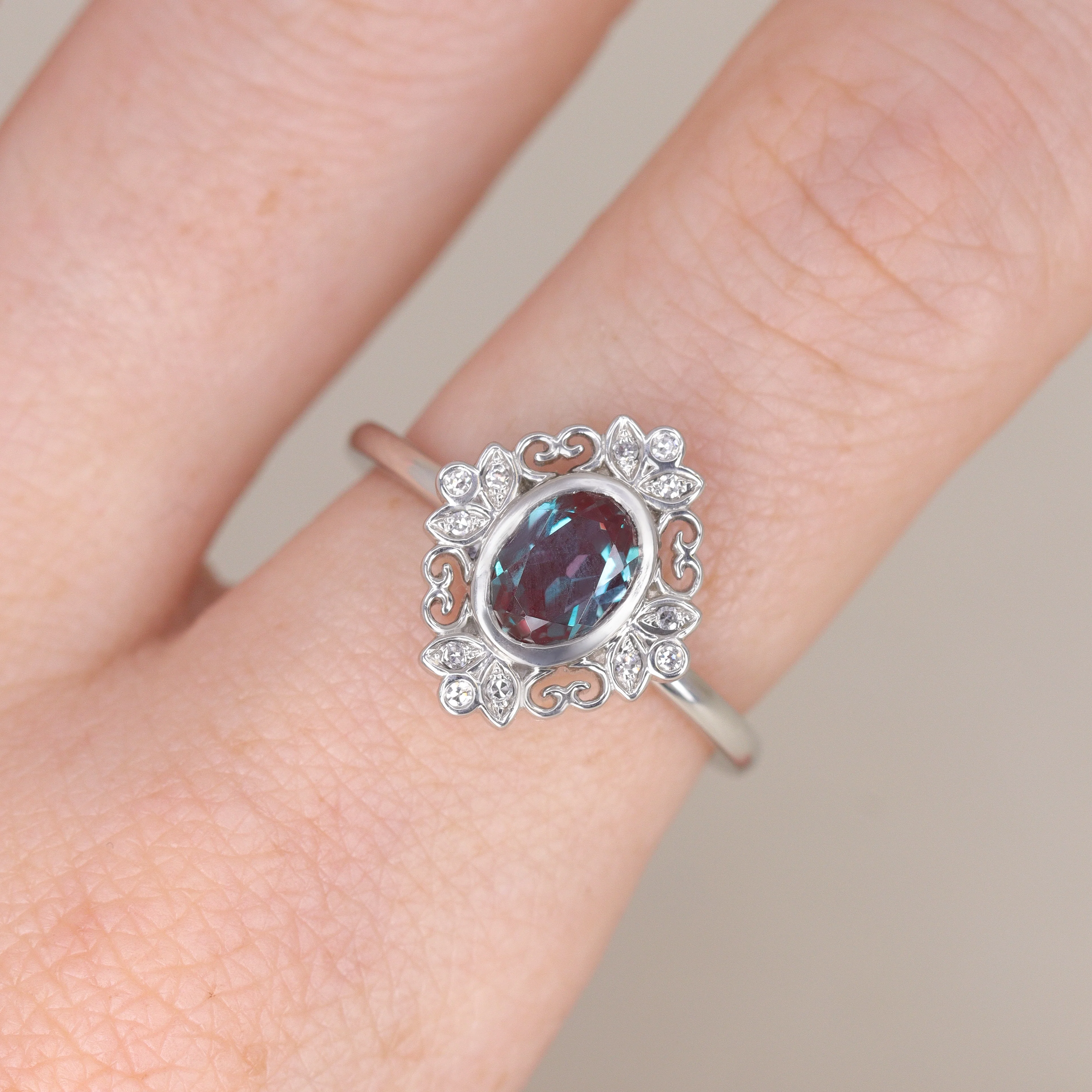Annette - Oval Lab-Grown Alexandrite Floral Halo Custom Engagement Ring - Image 4