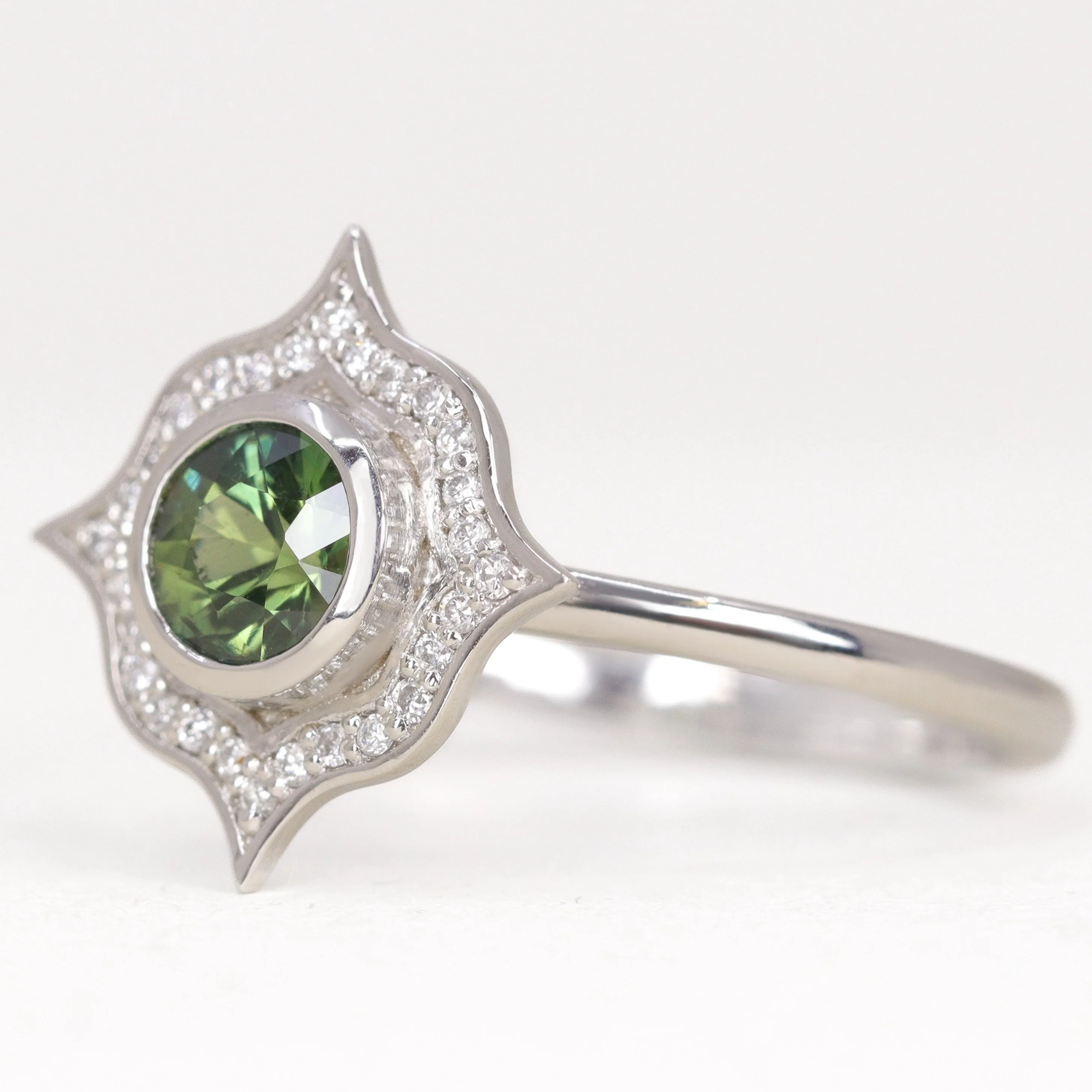 Antonia - Green Sapphire Art Deco Halo Engagement Ring - Ready-to-Wear - Image 3