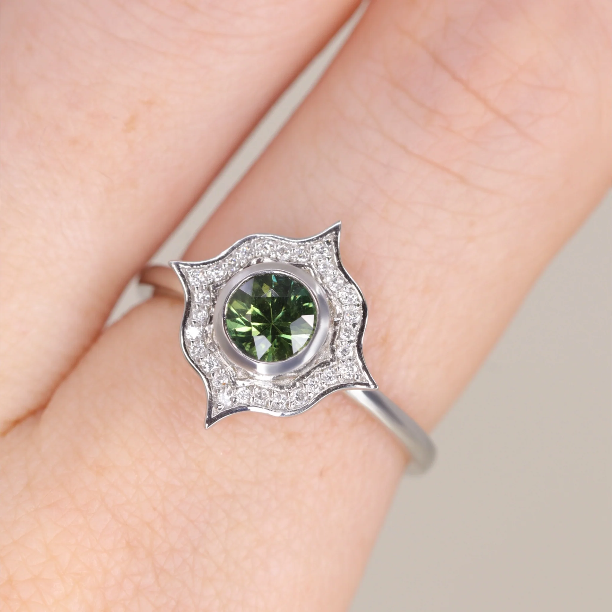 Antonia - Green Sapphire Art Deco Halo Engagement Ring - Ready-to-Wear - Image 5