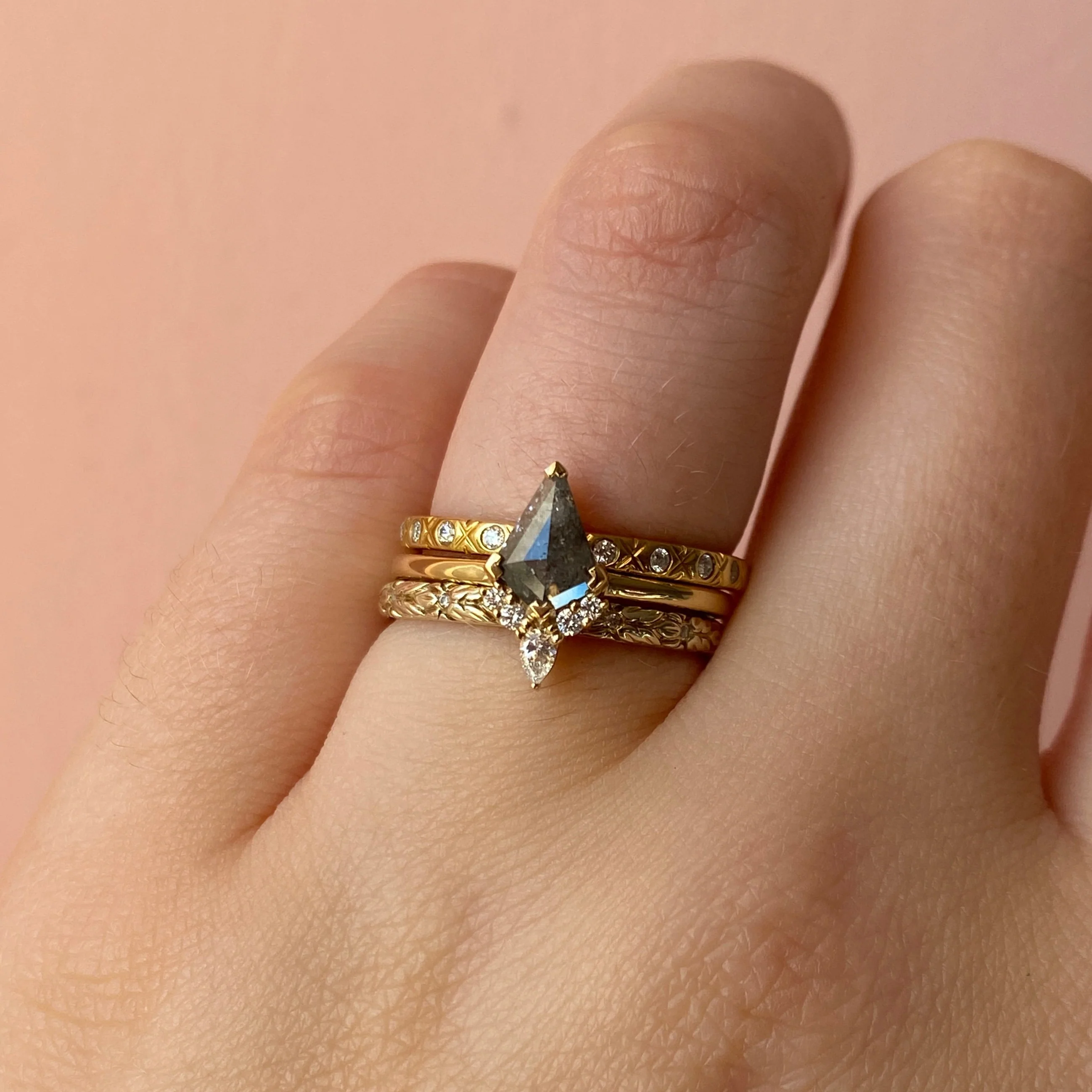 Celeste - Kite Shaped Salt and Pepper Diamond Half Halo Custom Engagement Ring - Image 3