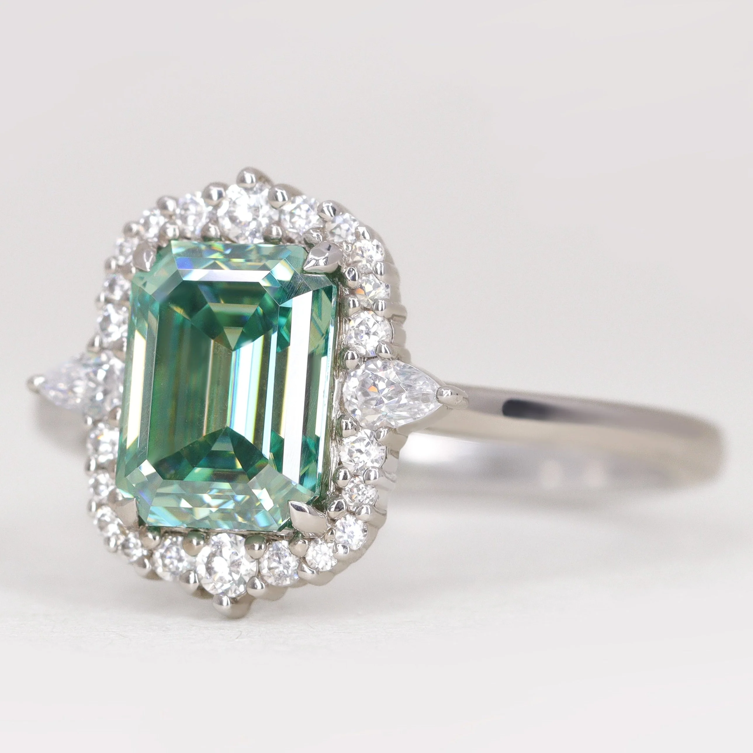 Cordelia - Emerald Cut Teal Moissanite Halo Made-to-Order Engagement Ring - Image 3