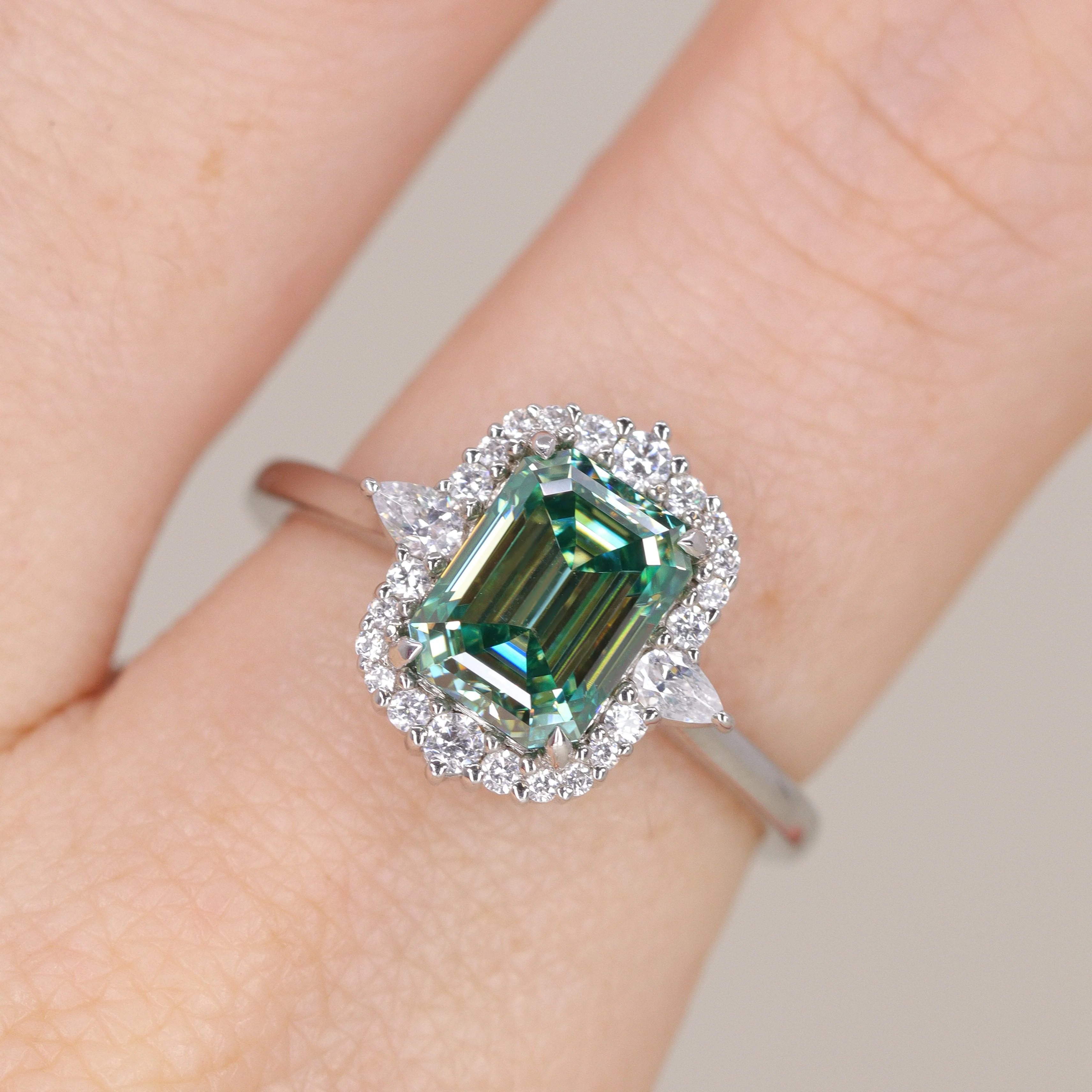 Cordelia - Emerald Cut Teal Moissanite Halo Made-to-Order Engagement Ring - Image 4