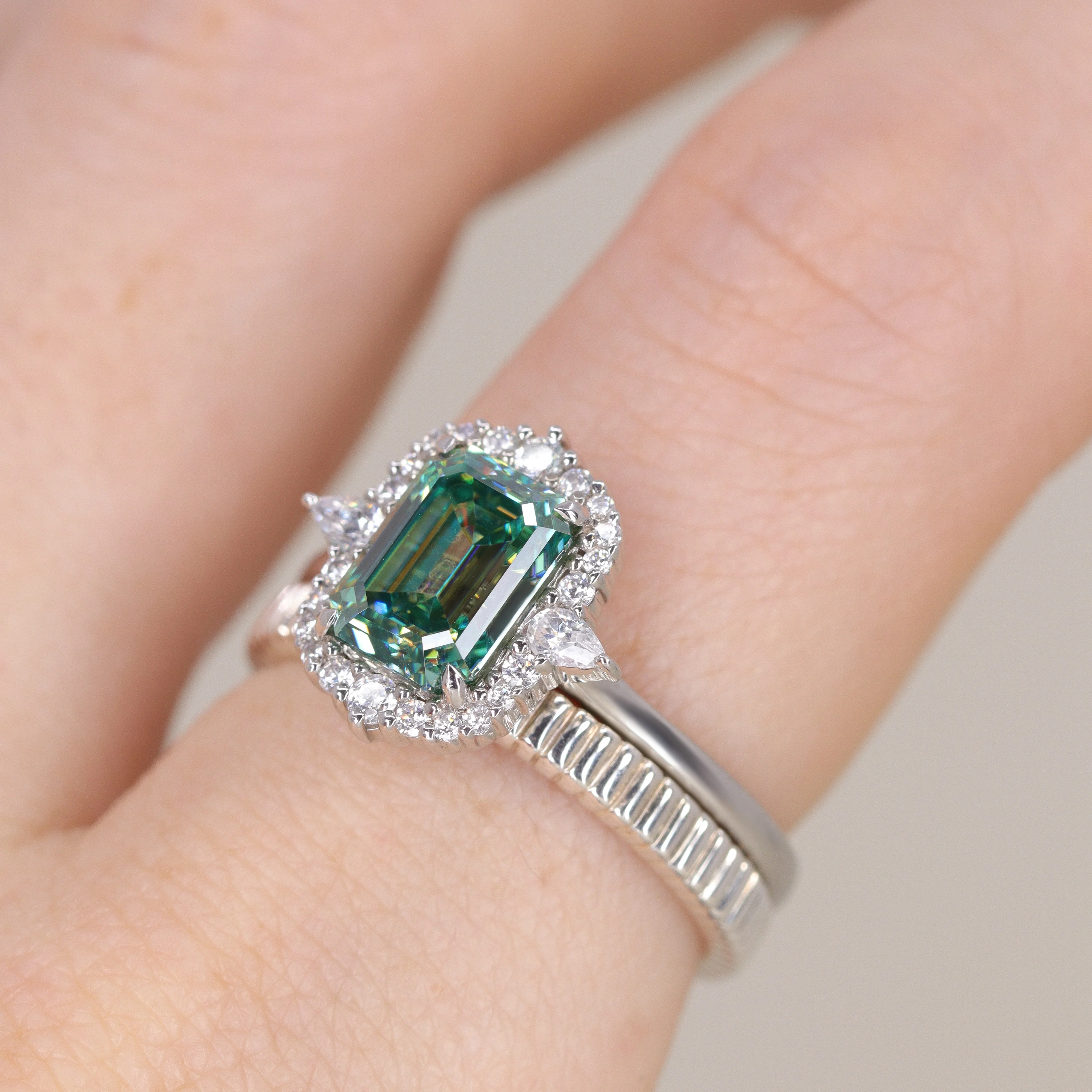 Cordelia - Emerald Cut Teal Moissanite Halo Made-to-Order Engagement Ring - Image 5