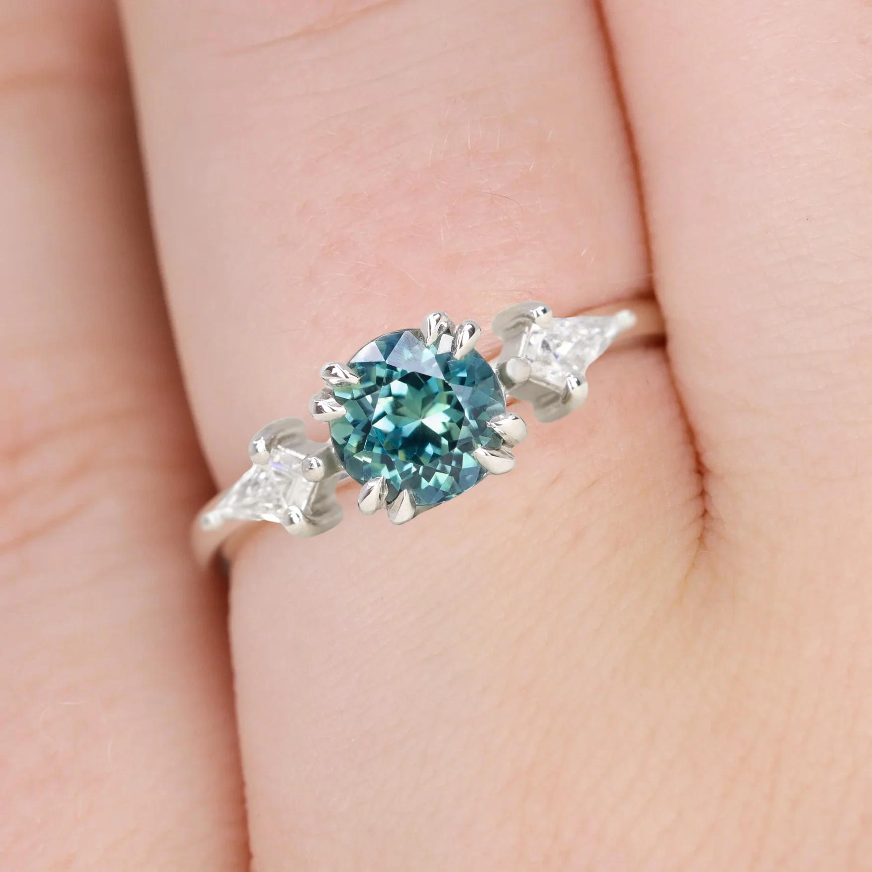 Dahlia - Round Teal Sapphire and Kite Cut Diamonds Trilogy Custom Engagement Ring - Image 3