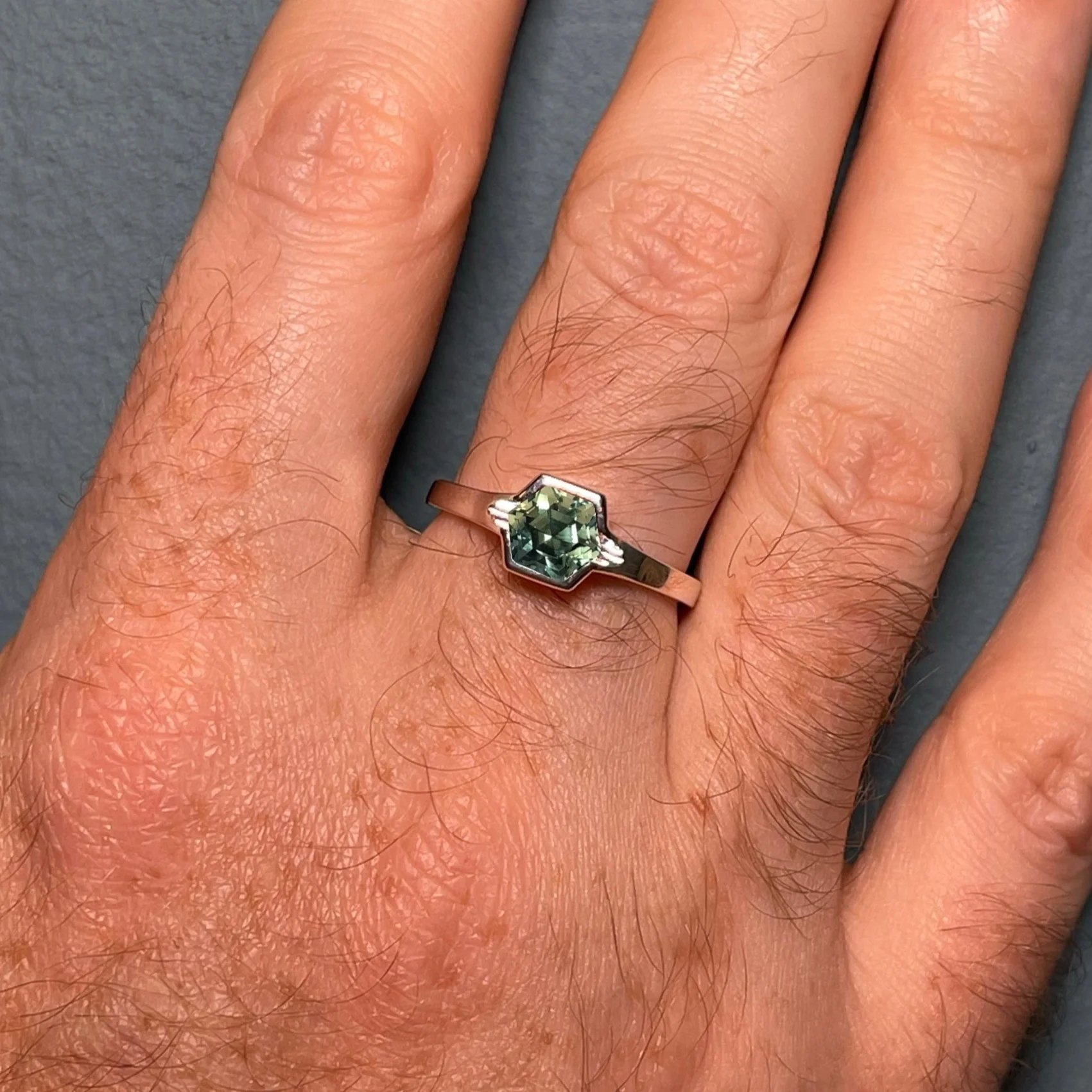 Drew - Hexagon Cut Teal Sapphire Solitaire Unisex Custom Engagement Ring - Image 4