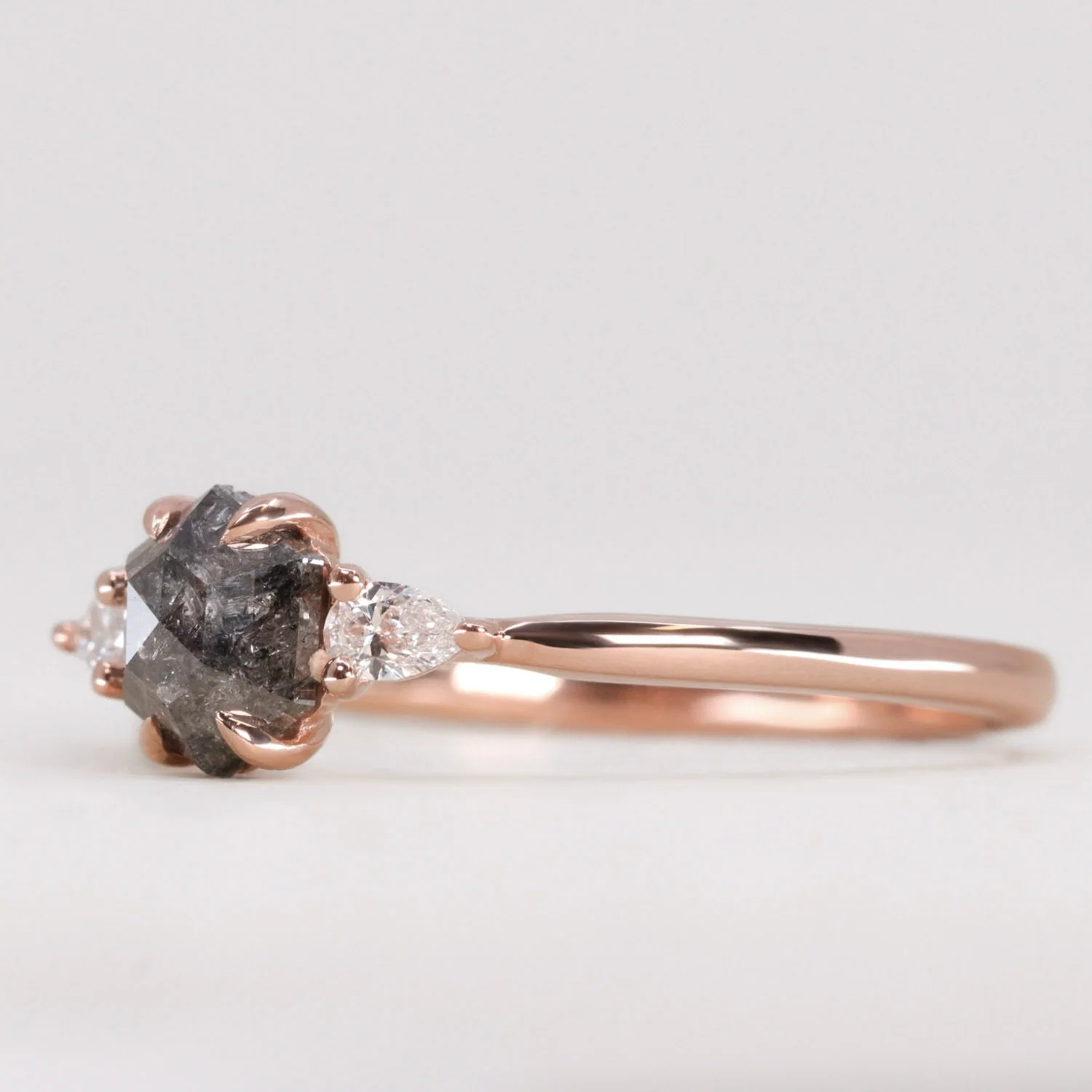 Elspeth - Hexagon Salt & Pepper Diamond Trilogy Engagement Ring - Ready-to-Wear - Image 3