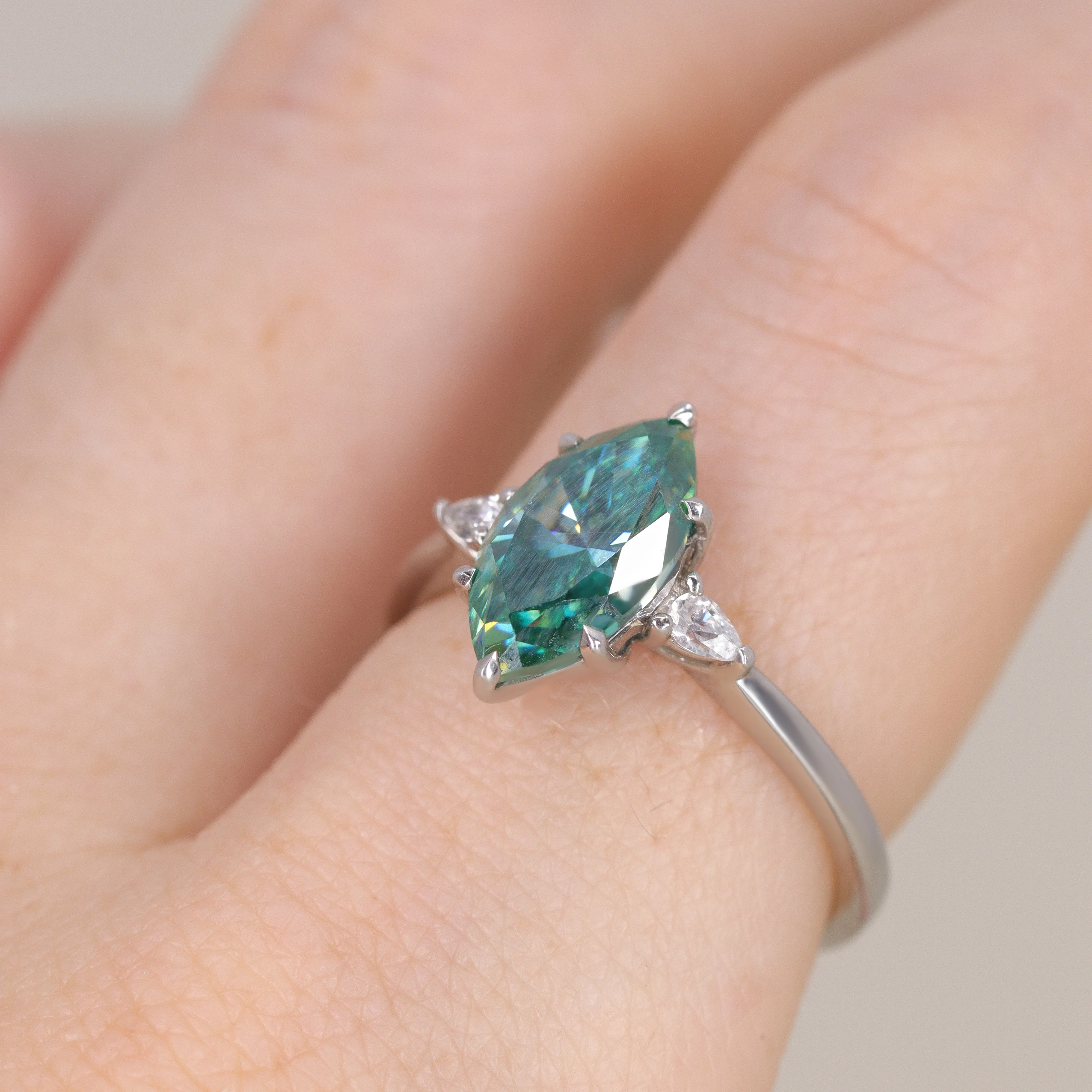 Elspeth - Marquise Cut Teal Moissanite and Diamond Trilogy Made-to-Order Engagement Ring - Image 5