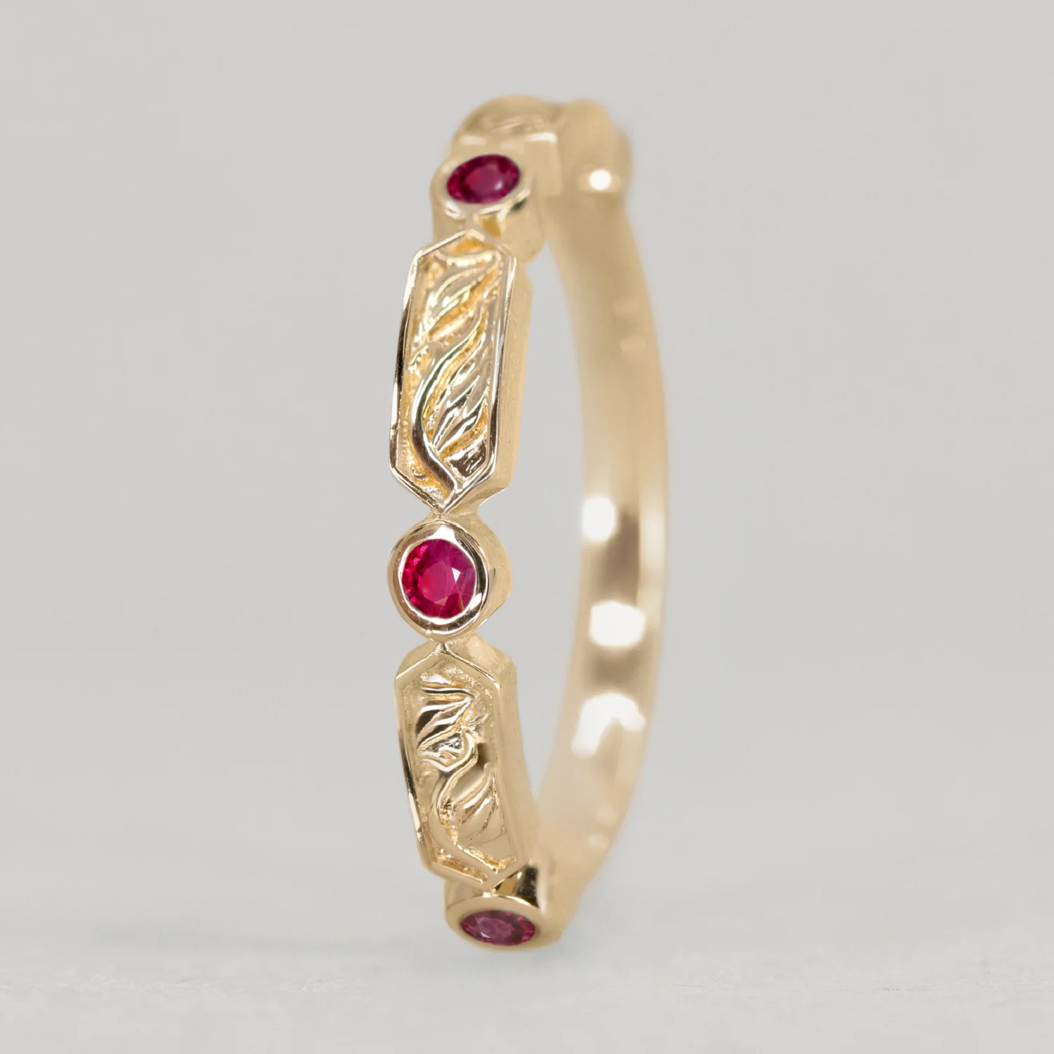 Fern - Floral Emerald, Ruby or Blue Sapphire Set Vine/Leaf Patterned Wedding Ring - Made-to-Order - Image 3