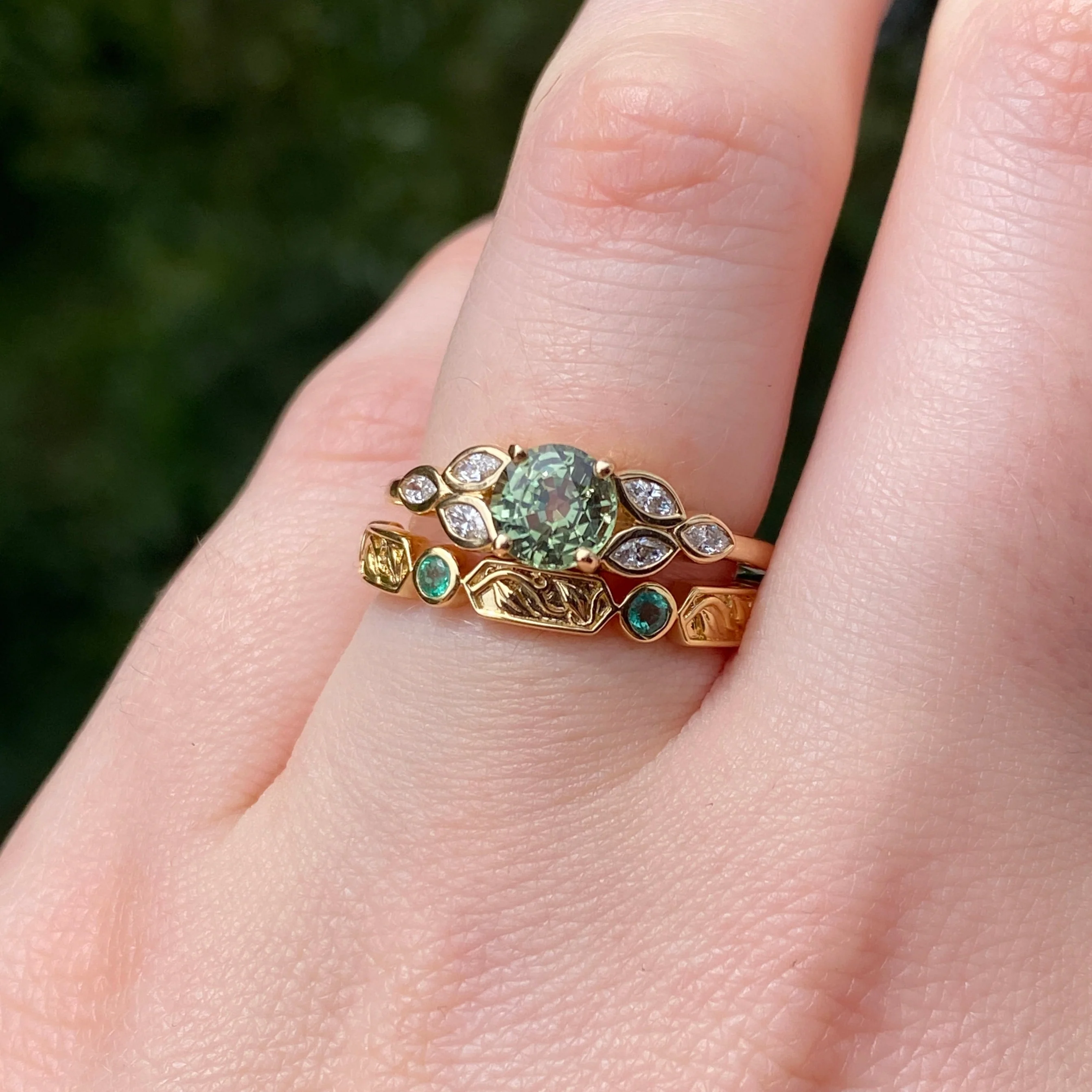 Fern - Floral Emerald, Ruby or Blue Sapphire Set Vine/Leaf Patterned Wedding Ring - Made-to-Order - Image 5