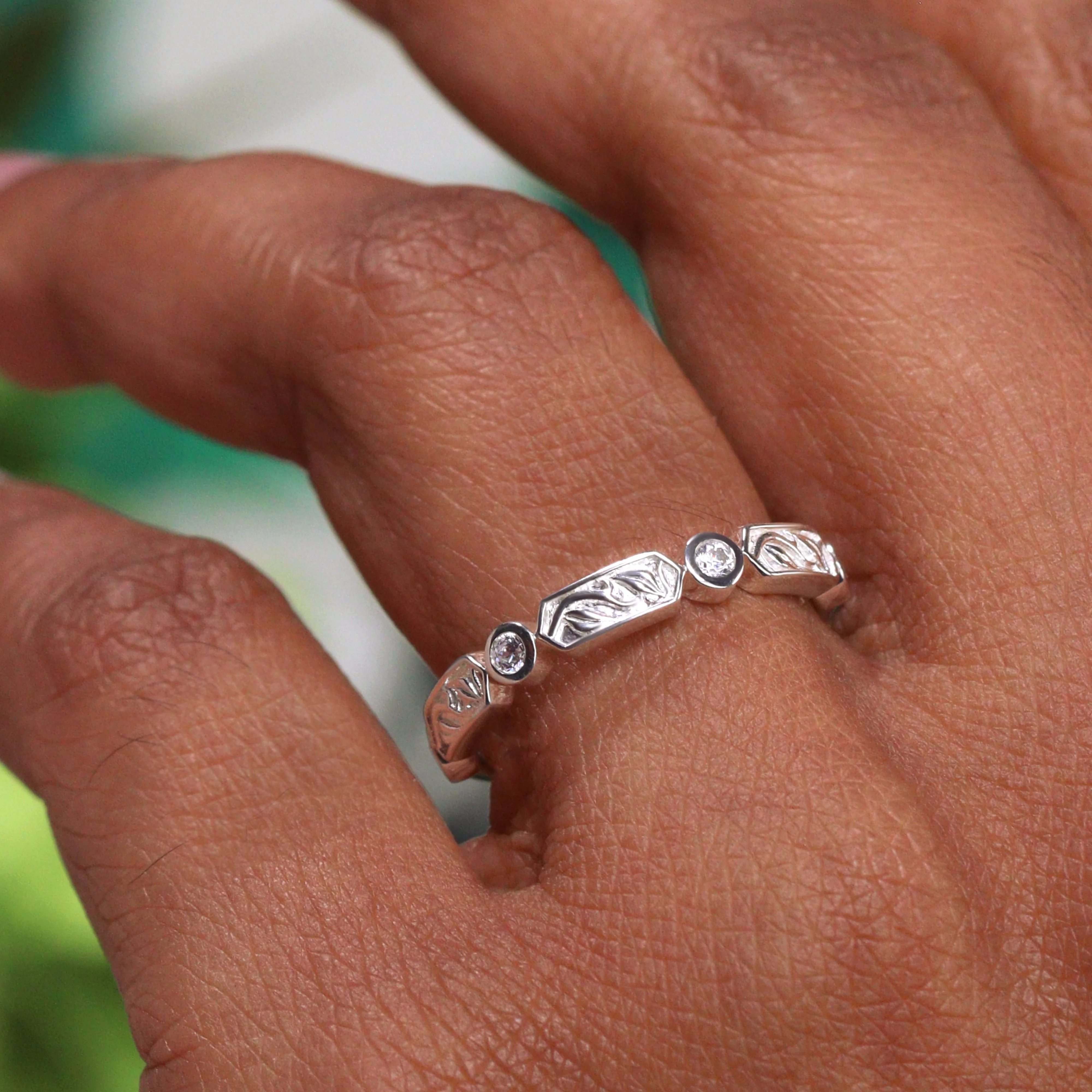 Fern - Floral Motif Diamond Set Vine/Leaf Patterned Wedding Ring - Made-to-Order - Image 3