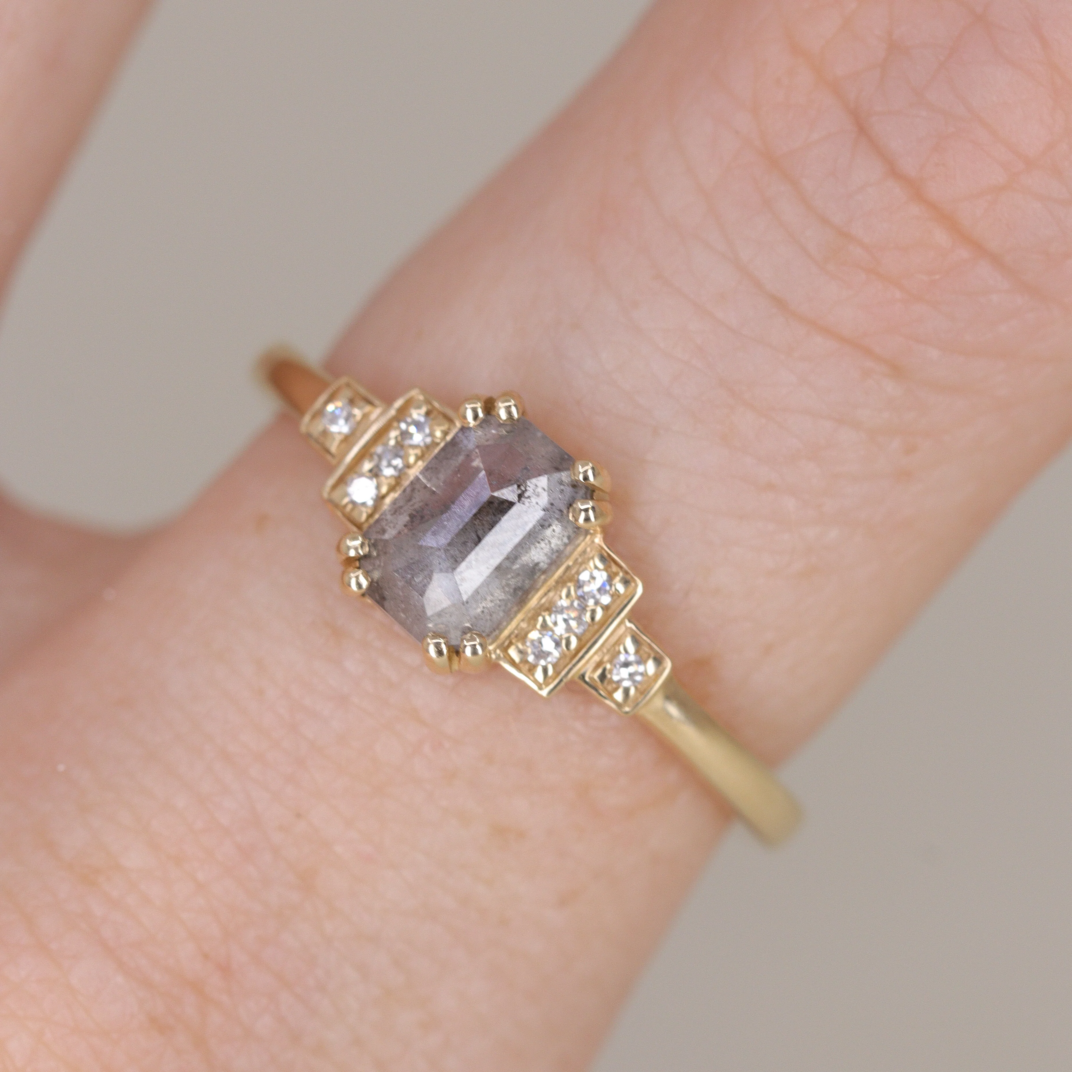 Grace - Emerald Cut Salt & Pepper Diamond Art Deco Custom Engagement Ring - Image 4