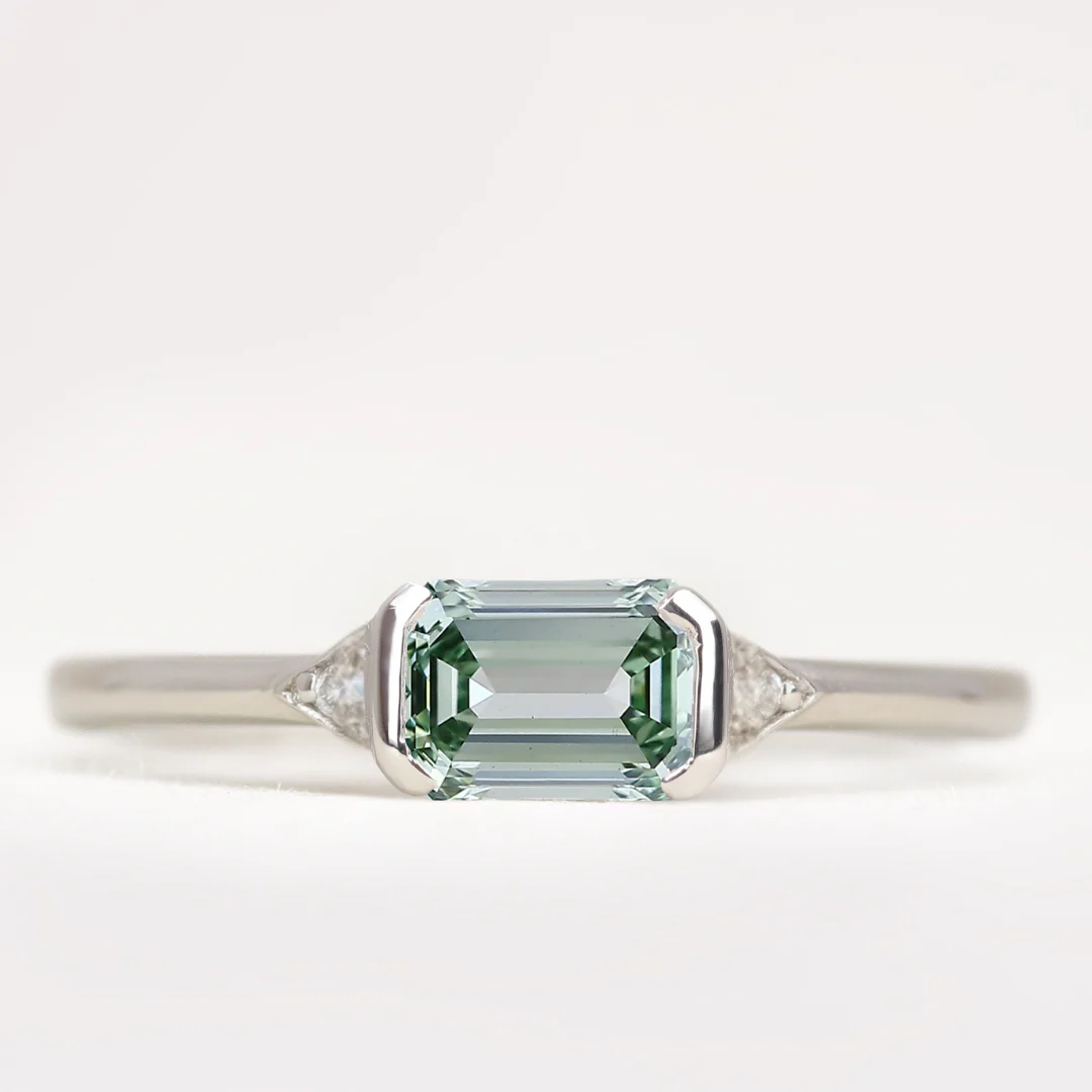 Hattie - Emerald Cut Coloured Lab Grown Diamond Art Deco Trilogy Custom Engagement Ring - Image 3