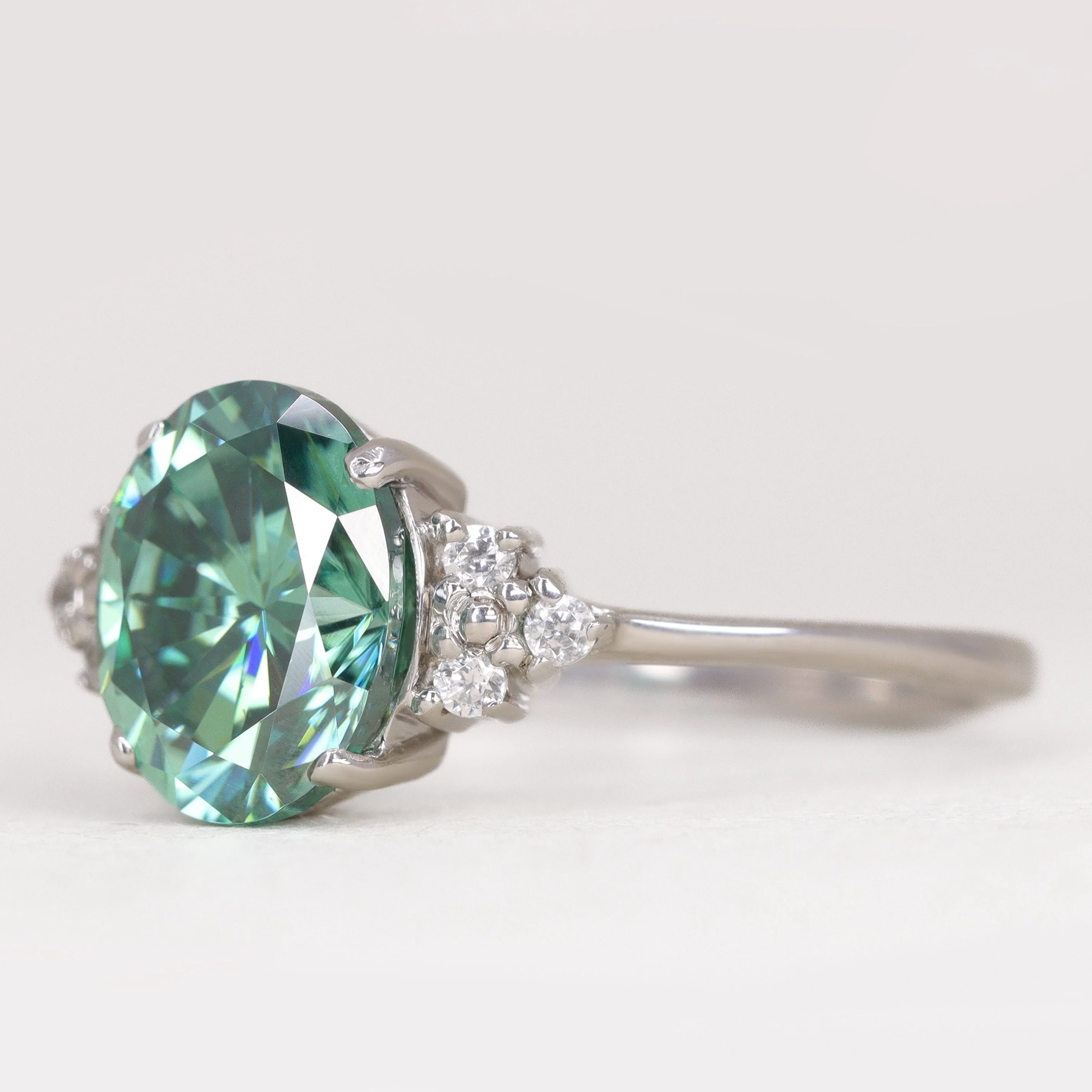 Henrietta - Oval Cut Teal Moissanite and Diamond Cluster Made-to-Order Engagement Ring - Image 3