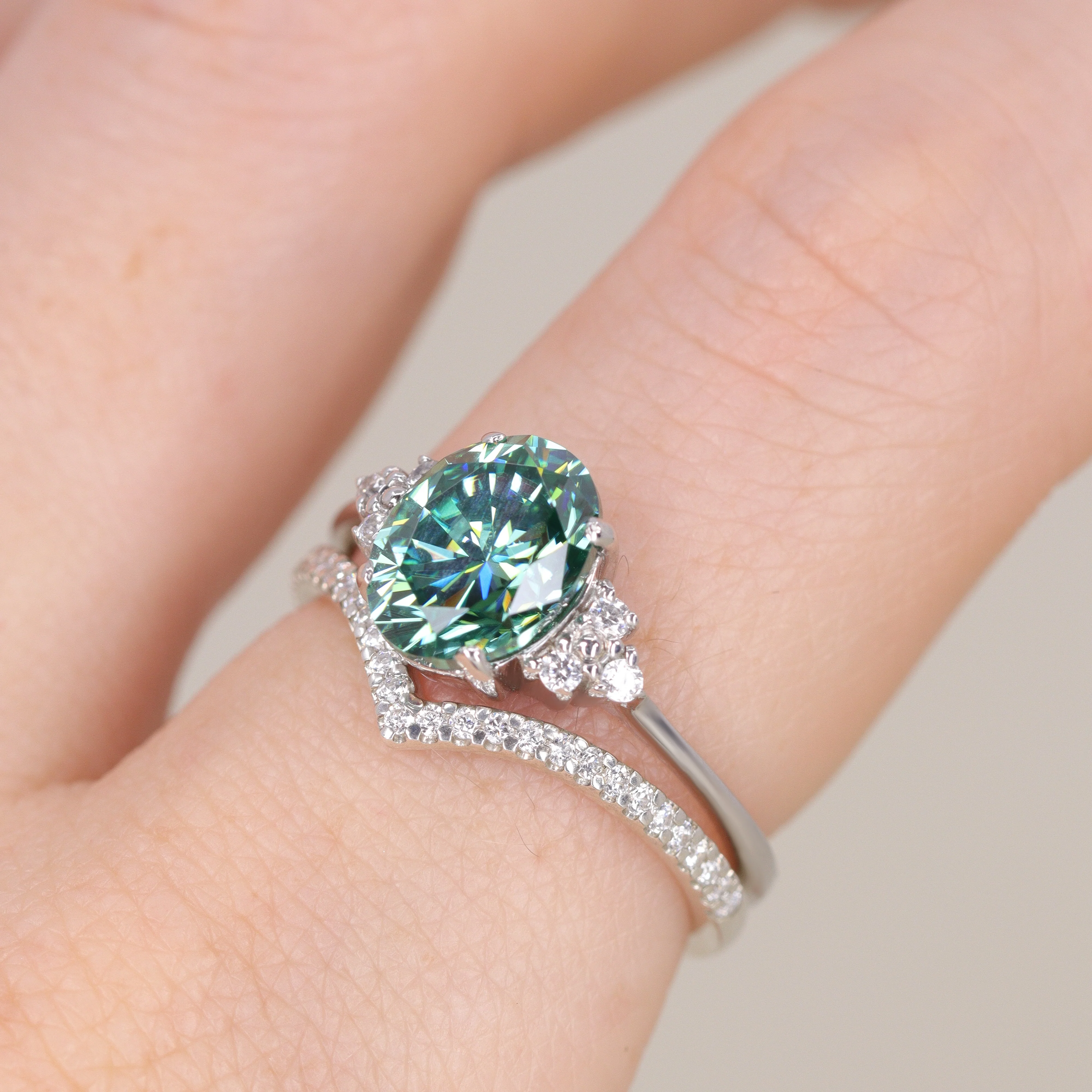 Henrietta - Oval Cut Teal Moissanite and Diamond Cluster Made-to-Order Engagement Ring - Image 4