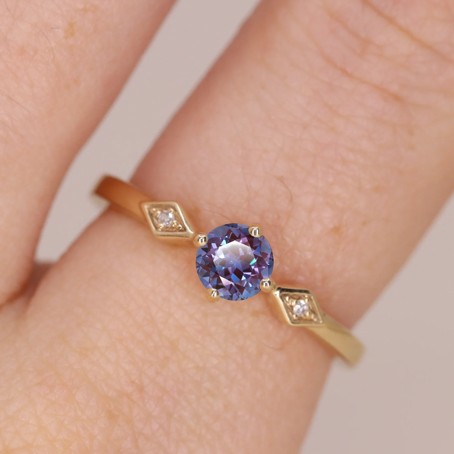 Hollie - Round Cut Lab Grown Alexandrite Art Deco Trilogy Made-to-Order Engagement Ring - Image 4