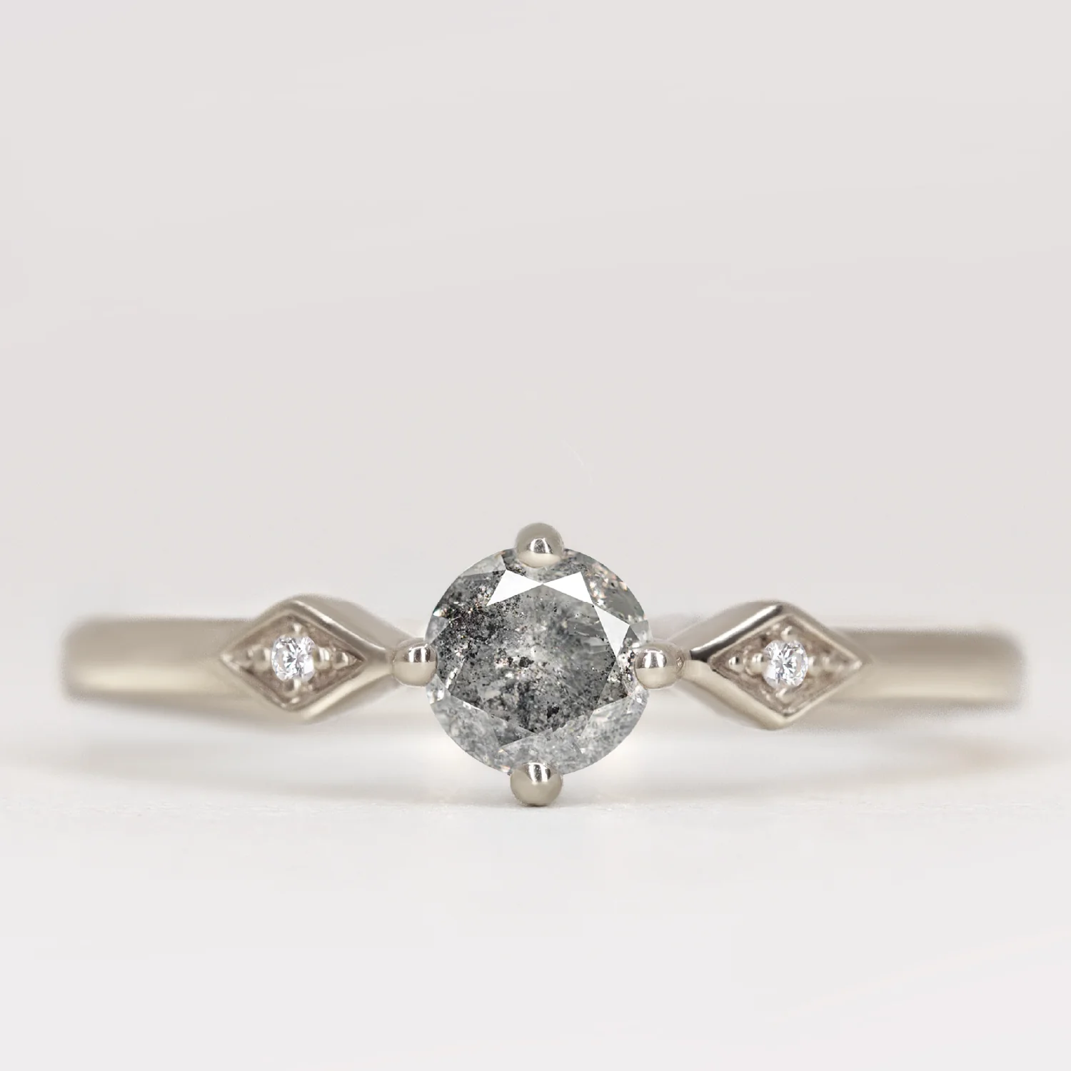 Hollie - Round Salt and Pepper Diamond Art Deco Trilogy Made-to-Order Engagement Ring - Image 4