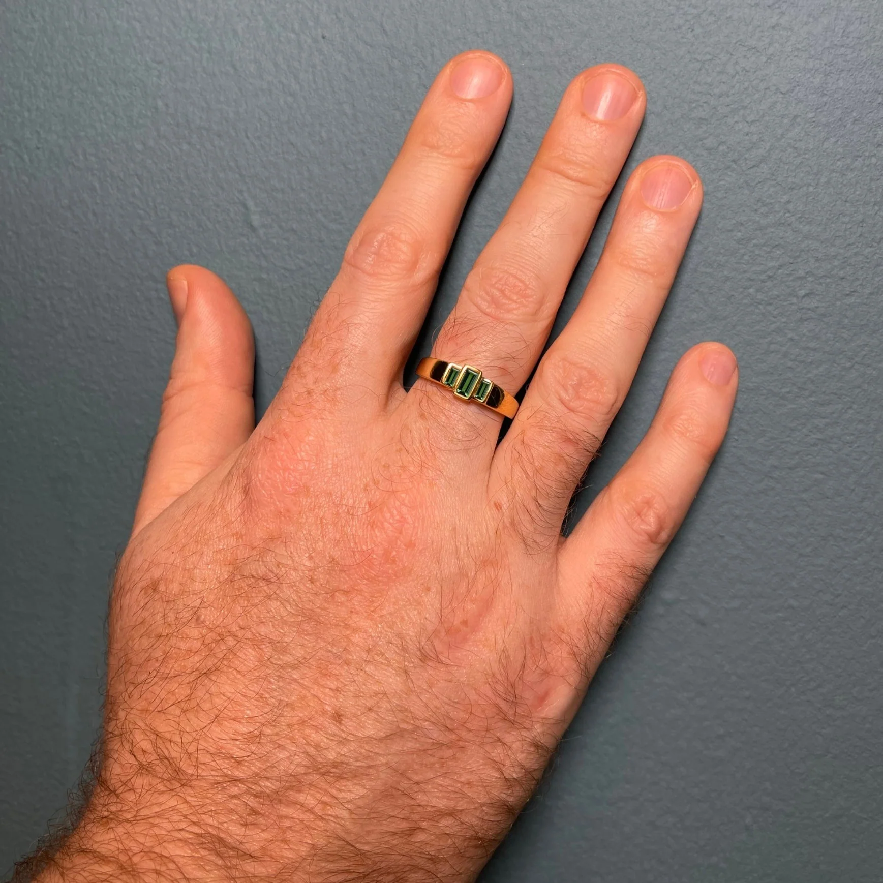 Jesse - Baguette Cut Green Tourmaline Trilogy Unisex Custom Engagement Ring - Image 3