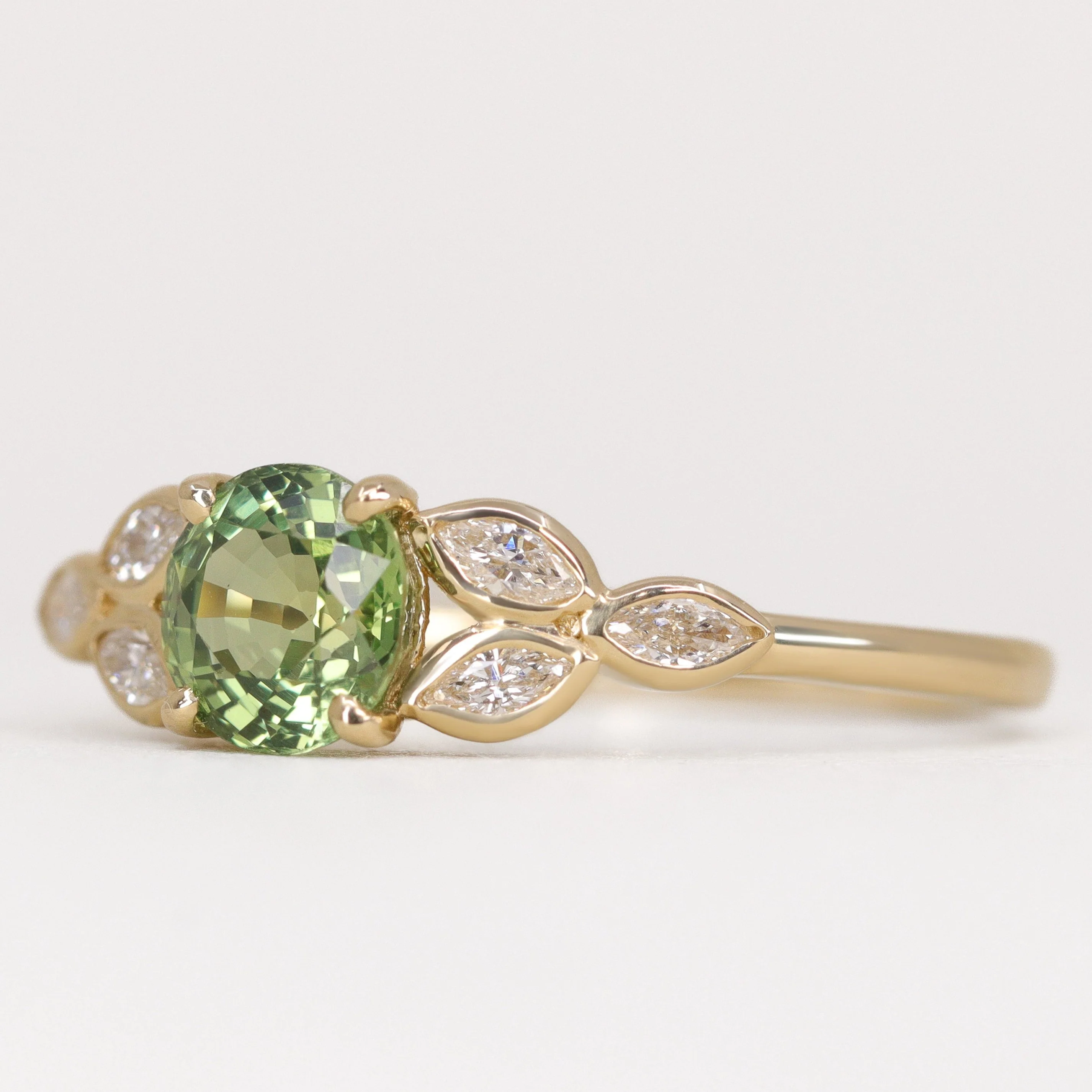 Juliet - Round Green Sapphire and Diamond Floral Vintage Custom Engagement Ring - Image 3