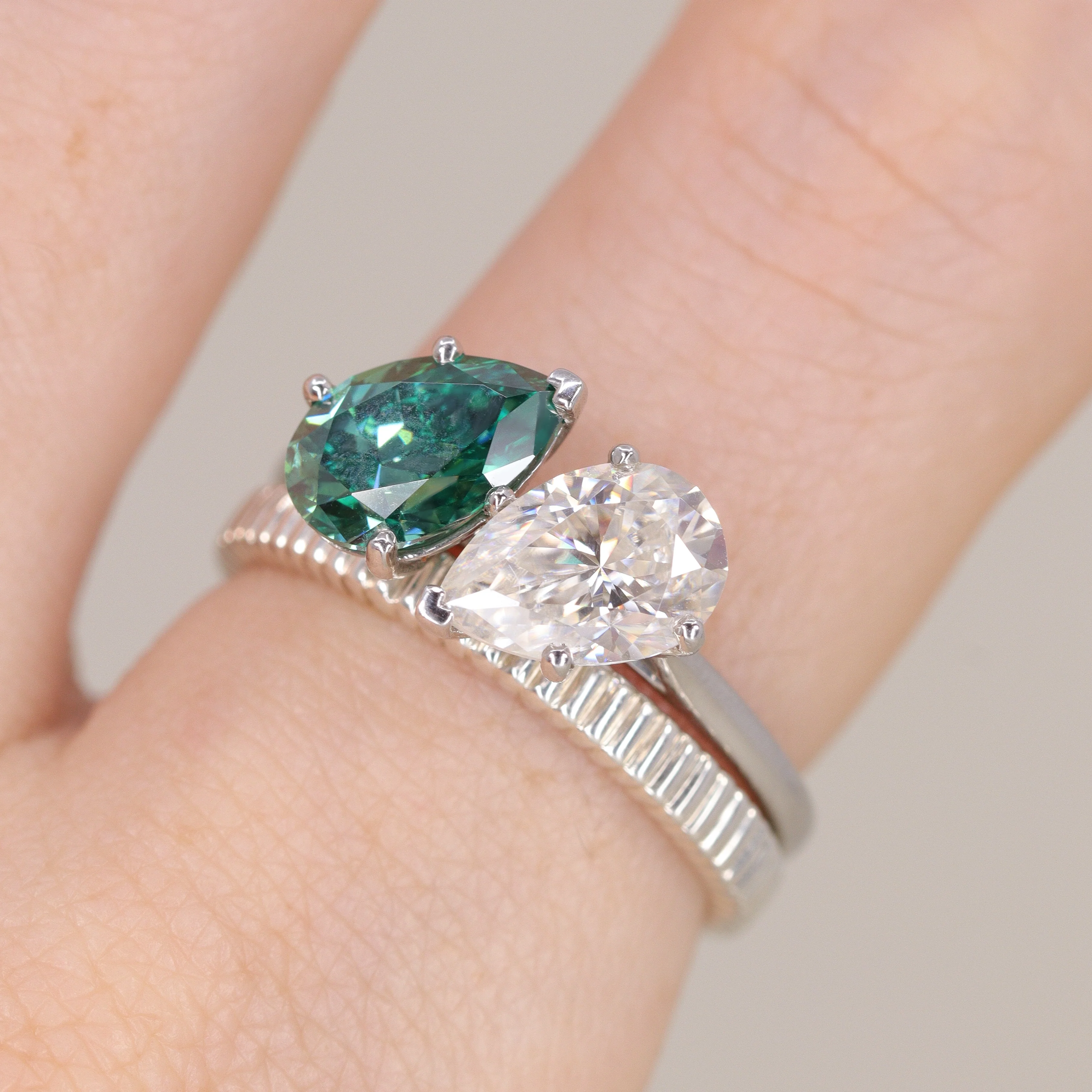 Juno - Pear Cut Teal Sapphire and Lab Grown Diamond Toi et Moi Custom Engagement Ring - Image 5