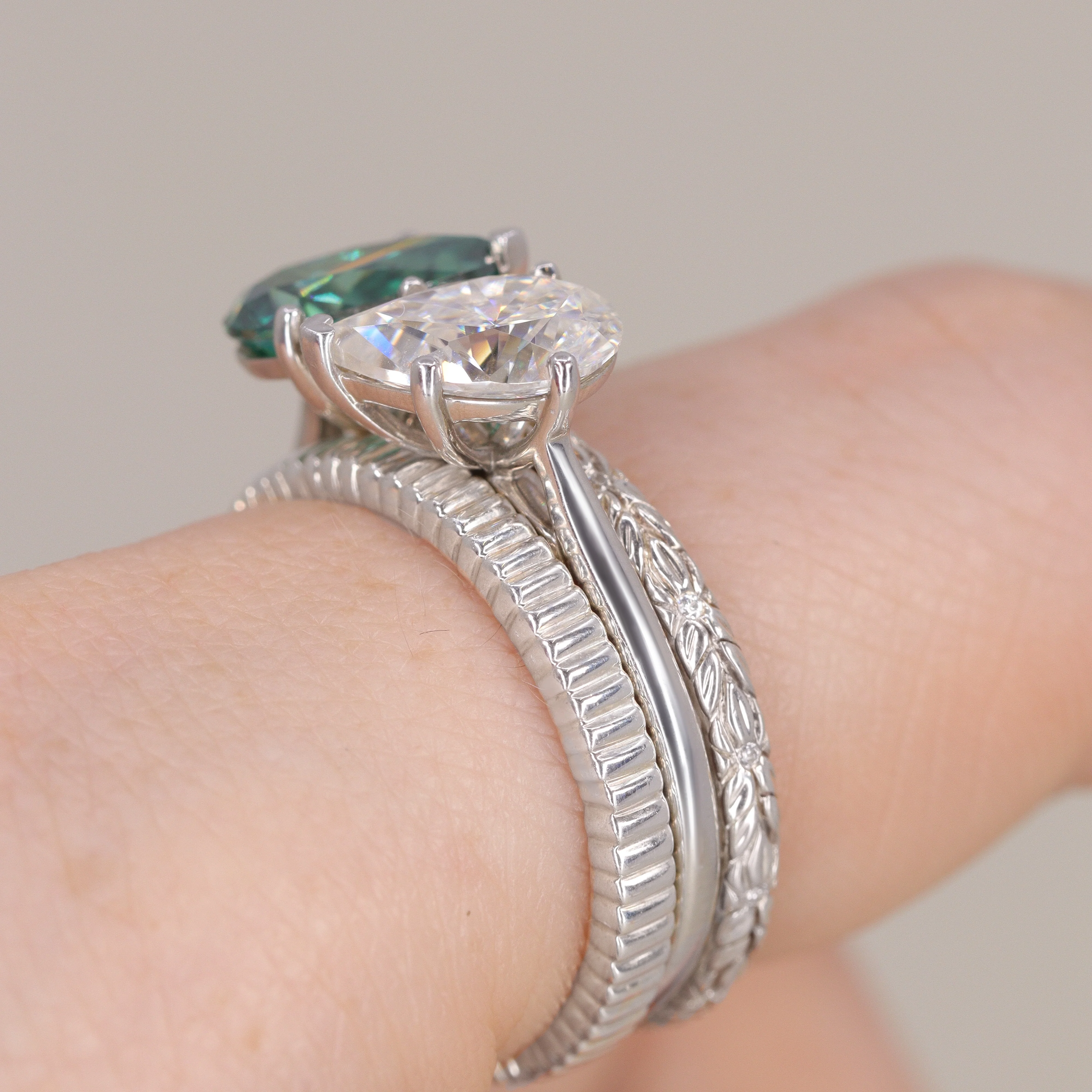 Juno - Pear Cut Teal Sapphire and Lab Grown Diamond Toi et Moi Custom Engagement Ring - Image 6