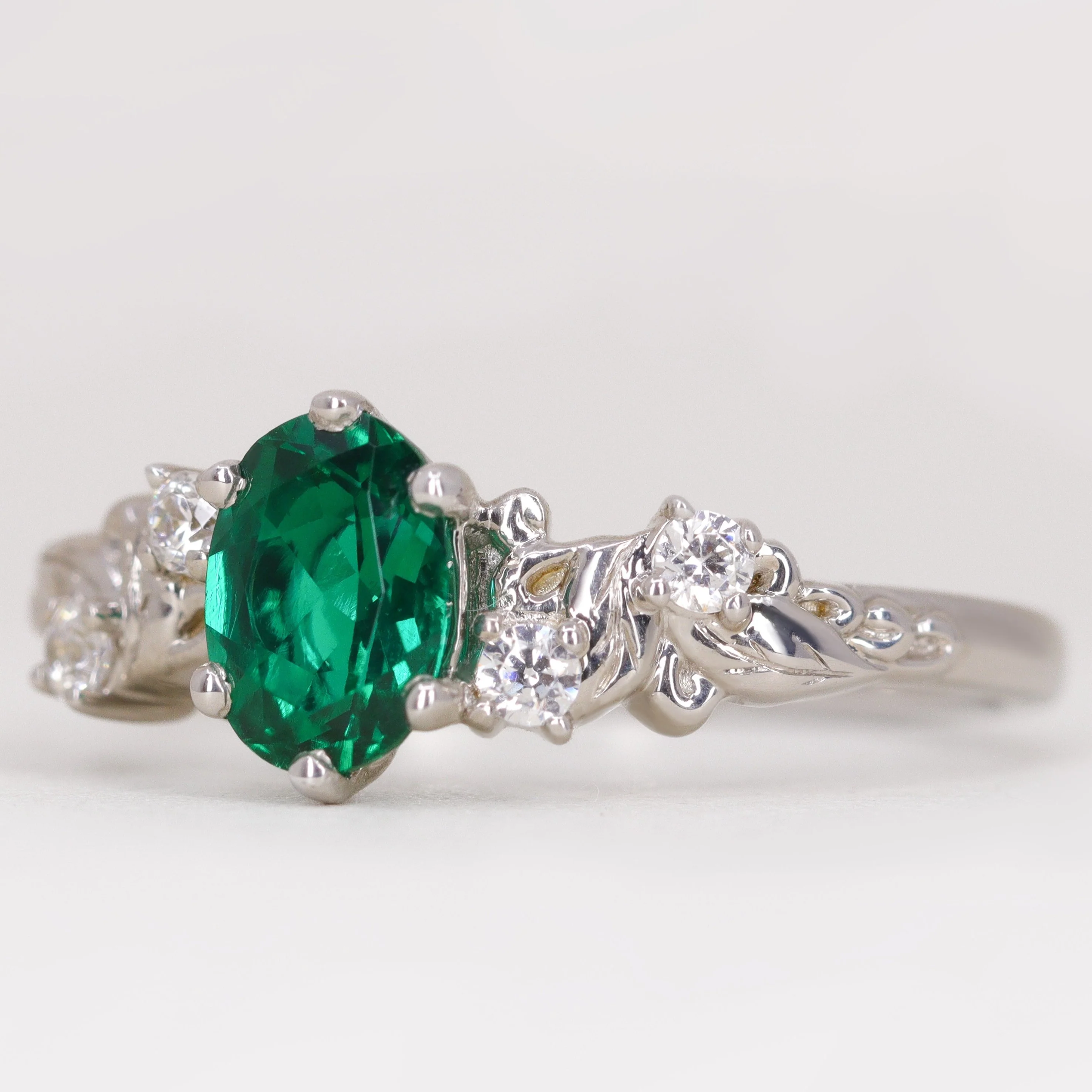 Laurel - Oval Lab Grown Emerald and Diamond Floral Made-to-Order Engagement Ring - Image 3