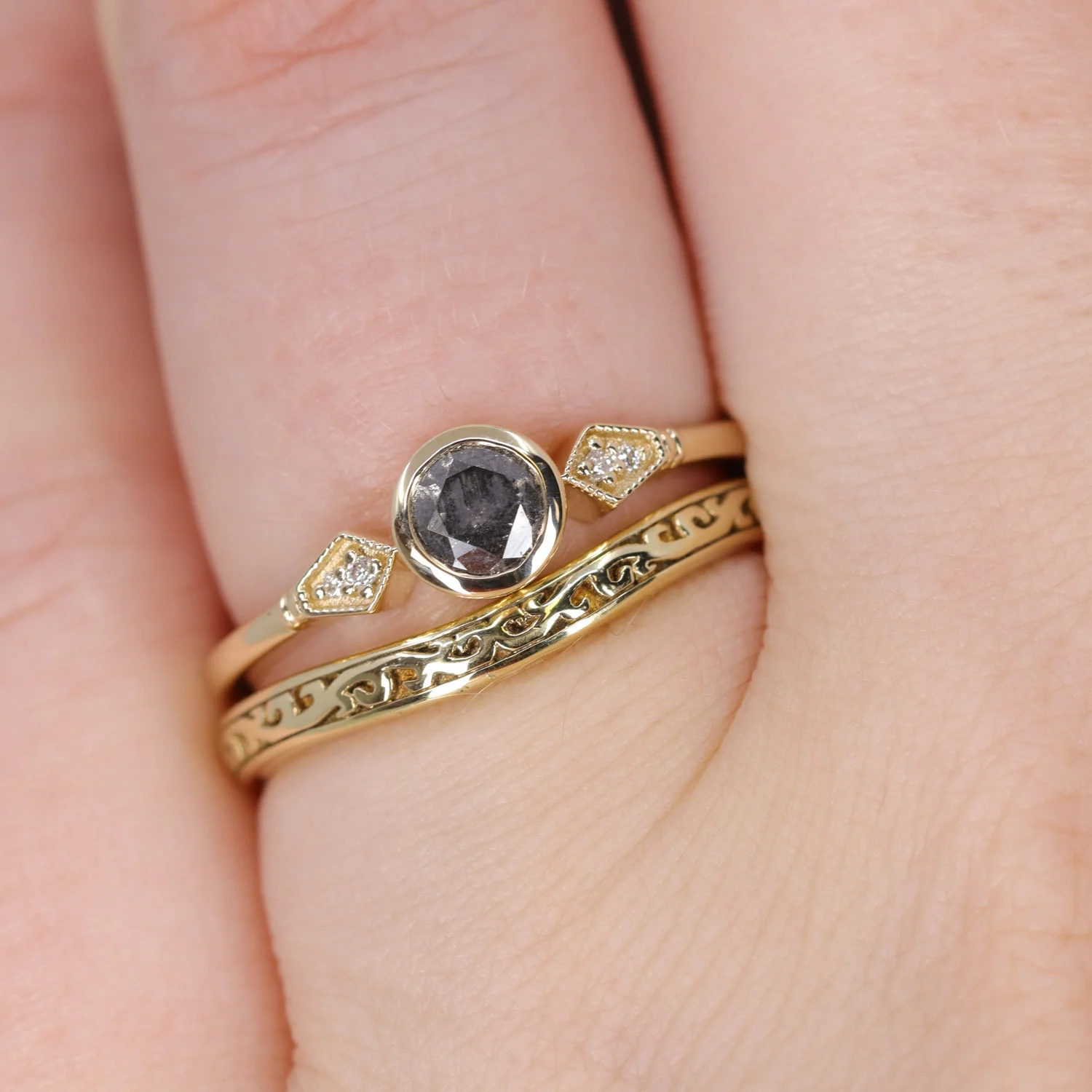 Lola - Salt & Pepper Diamond Bezel Set Art Deco Engagement Ring - Ready-to-Wear - Image 4