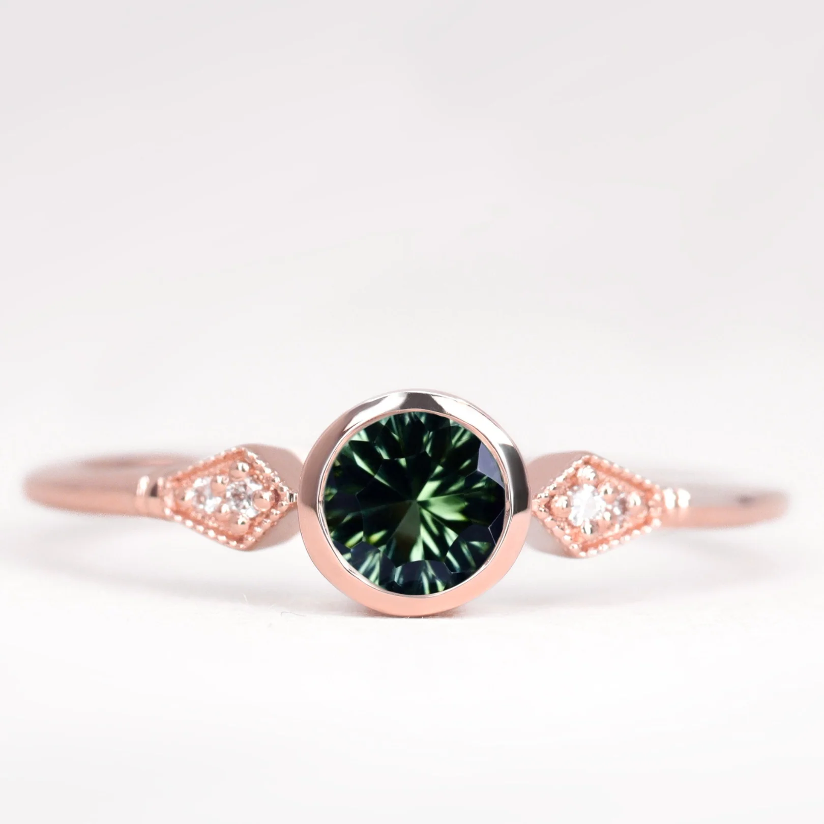 Lola - Round Optix Cut Green Tourmaline and Diamond Art Deco Made-to-Order Engagement Ring - Image 3