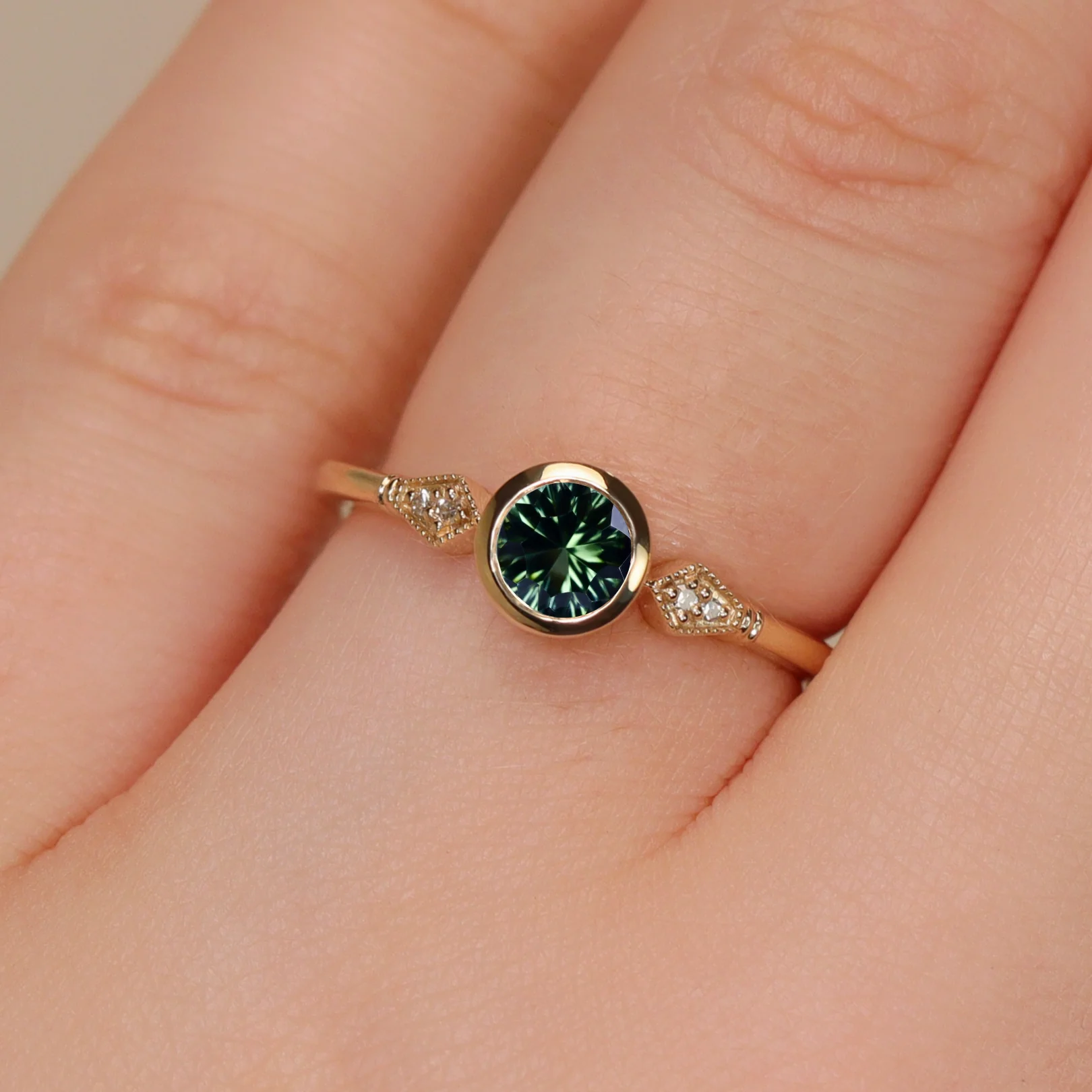 Lola - Round Optix Cut Green Tourmaline and Diamond Art Deco Made-to-Order Engagement Ring - Image 4