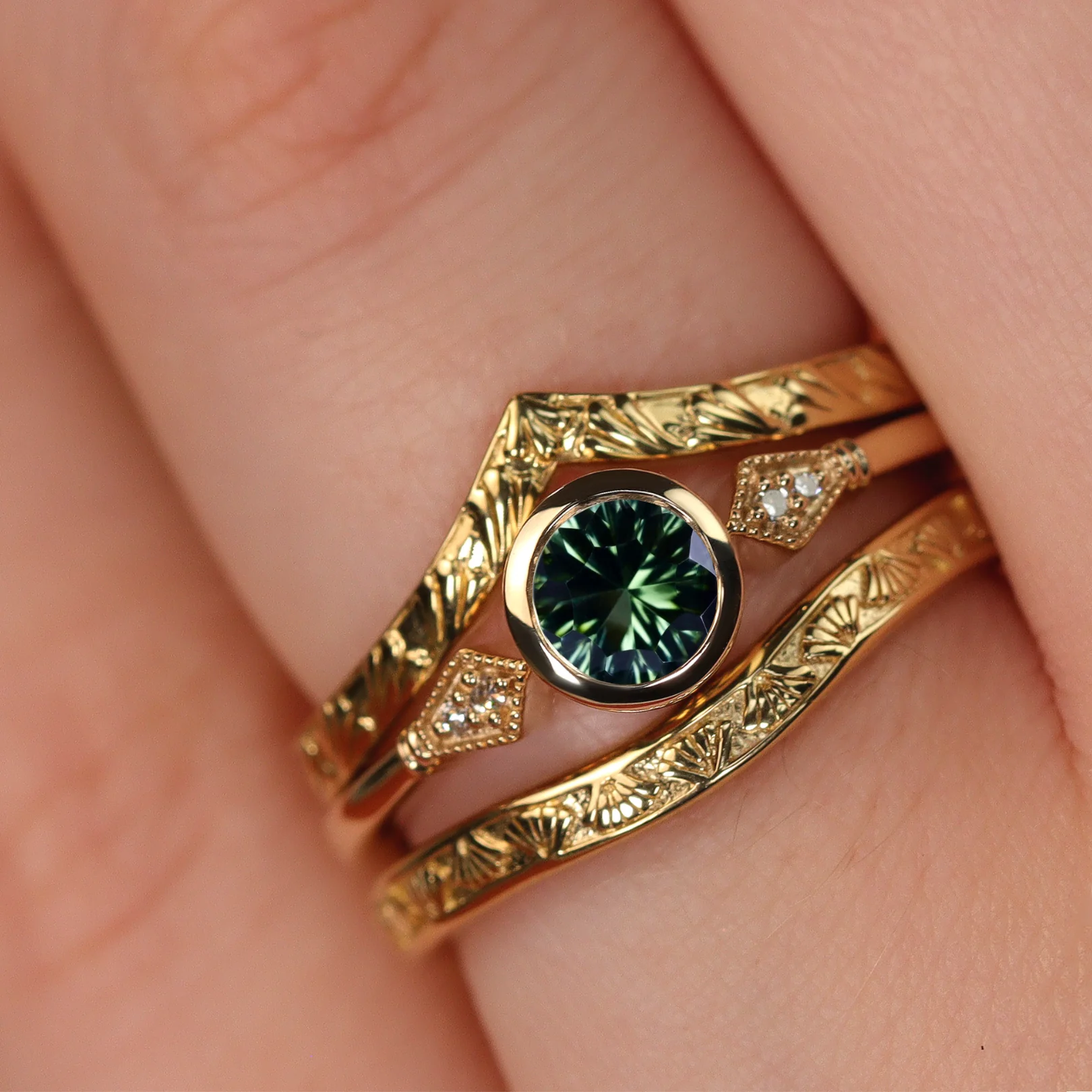 Lola - Round Optix Cut Green Tourmaline and Diamond Art Deco Made-to-Order Engagement Ring - Image 5
