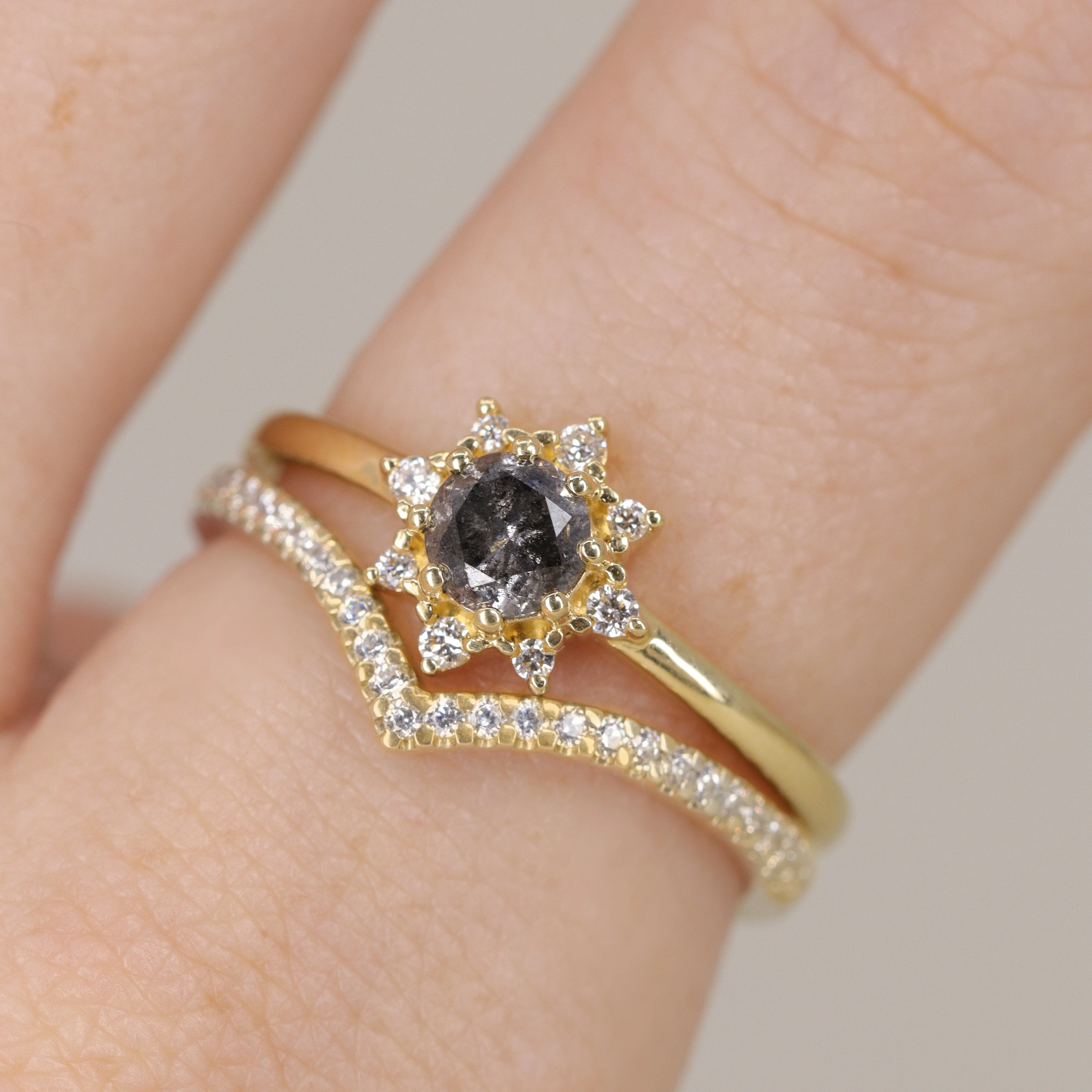 Mabel - Salt & Pepper Diamond Halo Engagement Ring - Ready-to-Wear - Image 5