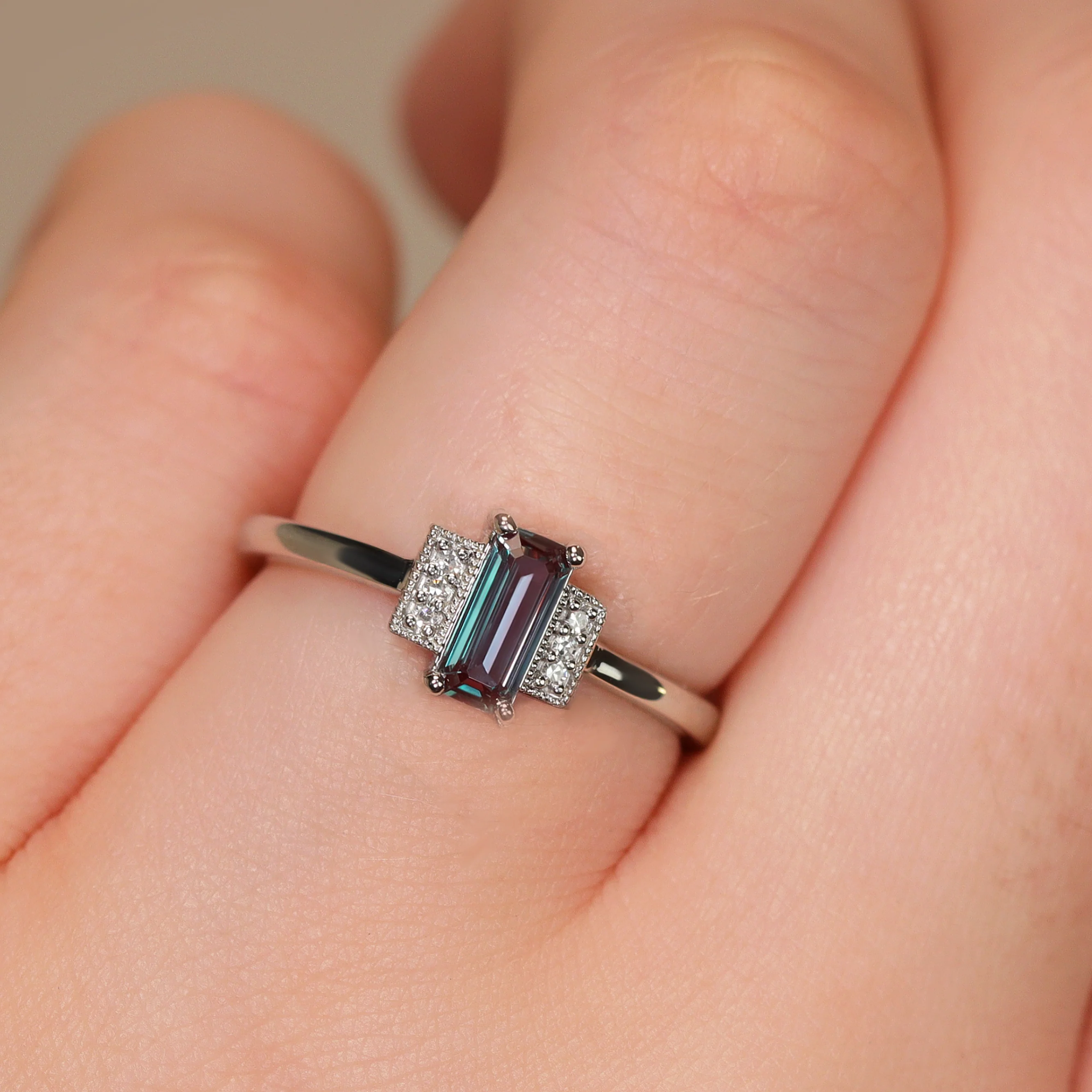 Marina - Emerald Cut Lab Grown Alexandrite Art Deco Custom Engagement Ring - Image 4
