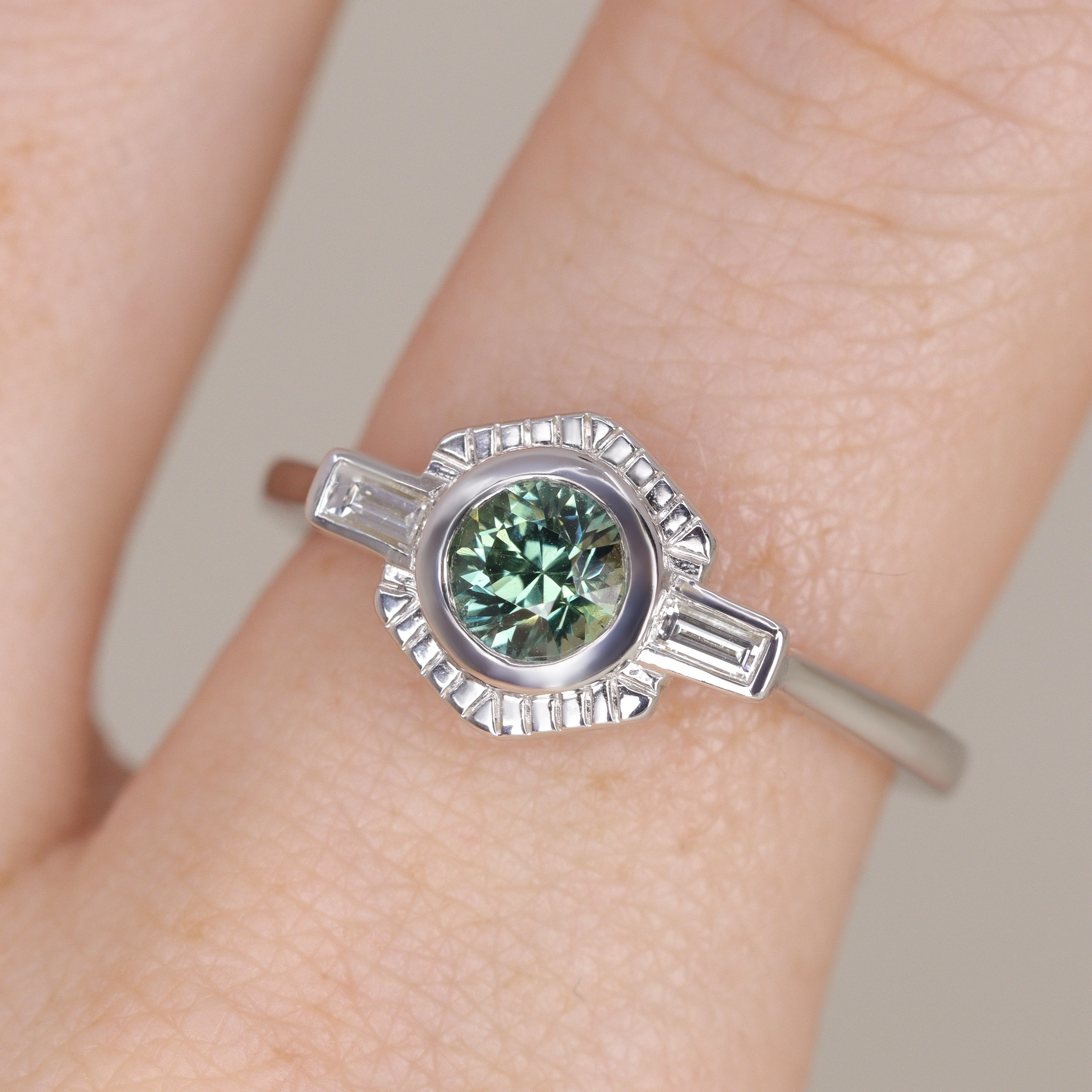 Olivia - Teal Sapphire Art Deco Halo Engagement Ring - Ready-to-Wear - Image 3