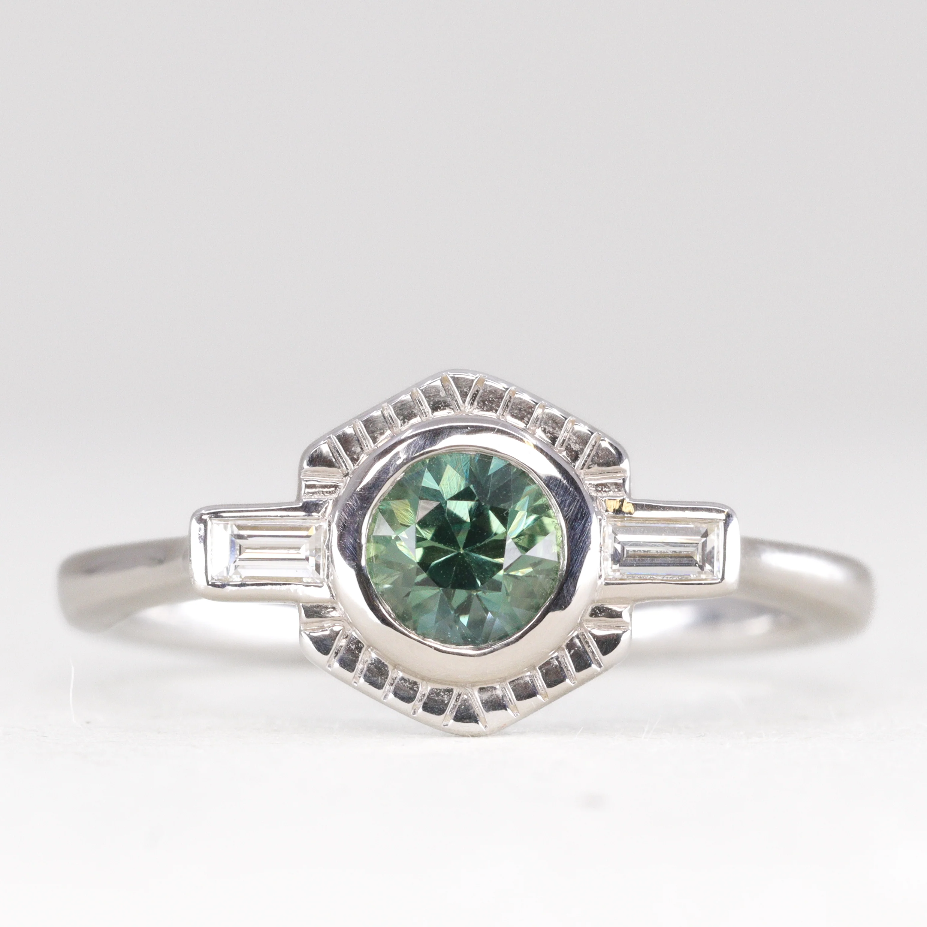 Olivia - Teal Sapphire Art Deco Halo Engagement Ring - Ready-to-Wear - Image 4
