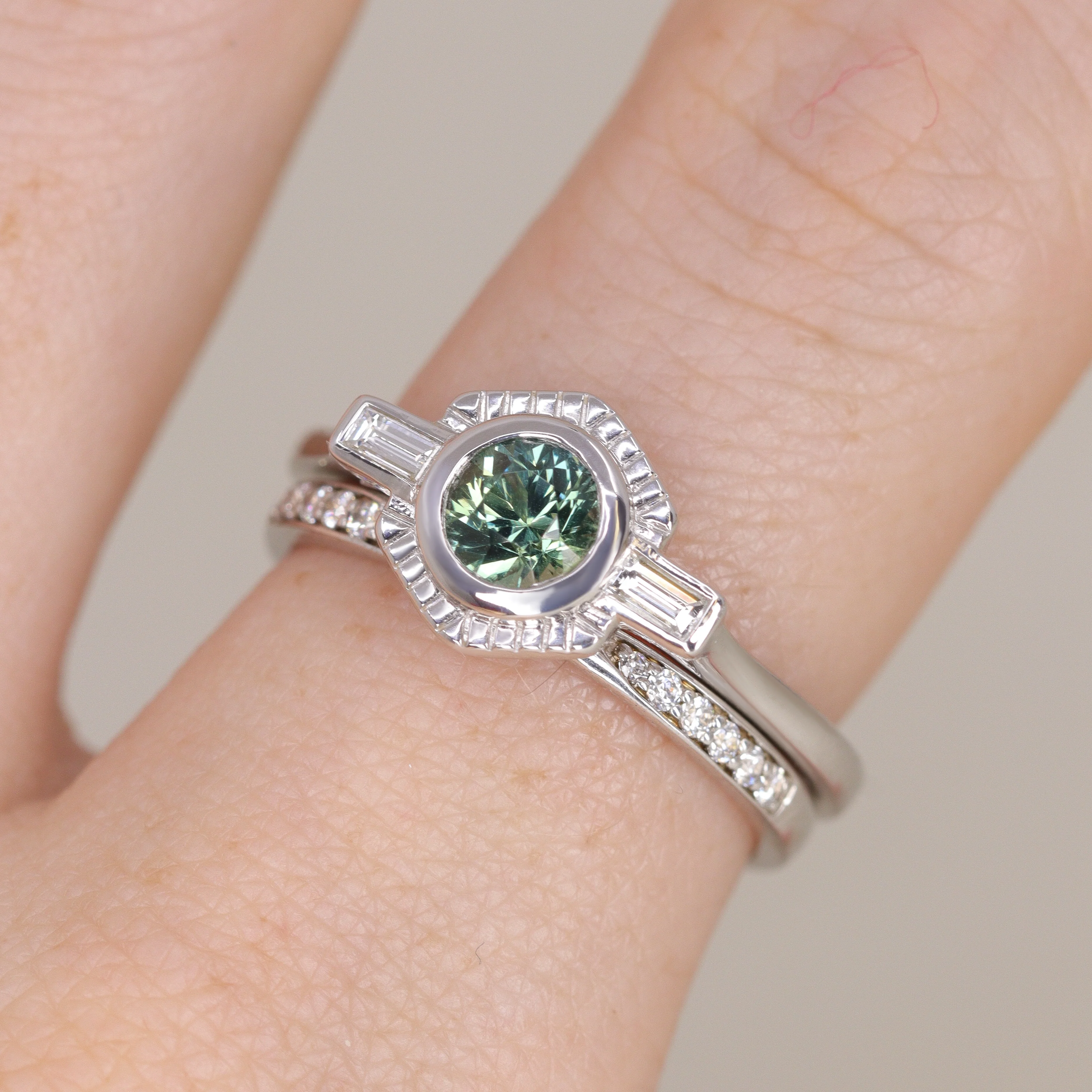 Olivia - Teal Sapphire Art Deco Halo Engagement Ring - Ready-to-Wear - Image 5