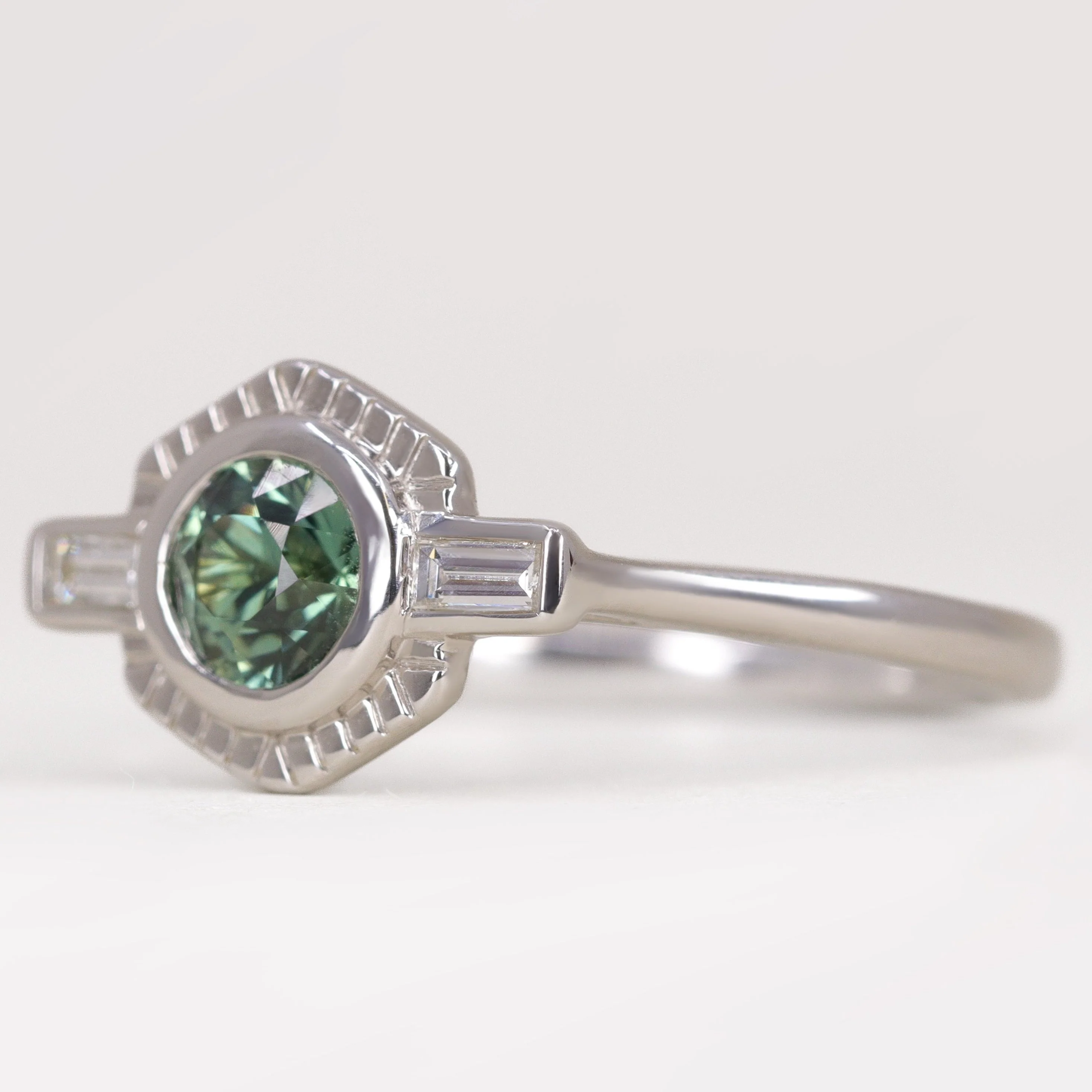 Olivia - Teal Sapphire Art Deco Halo Engagement Ring - Ready-to-Wear - Image 6