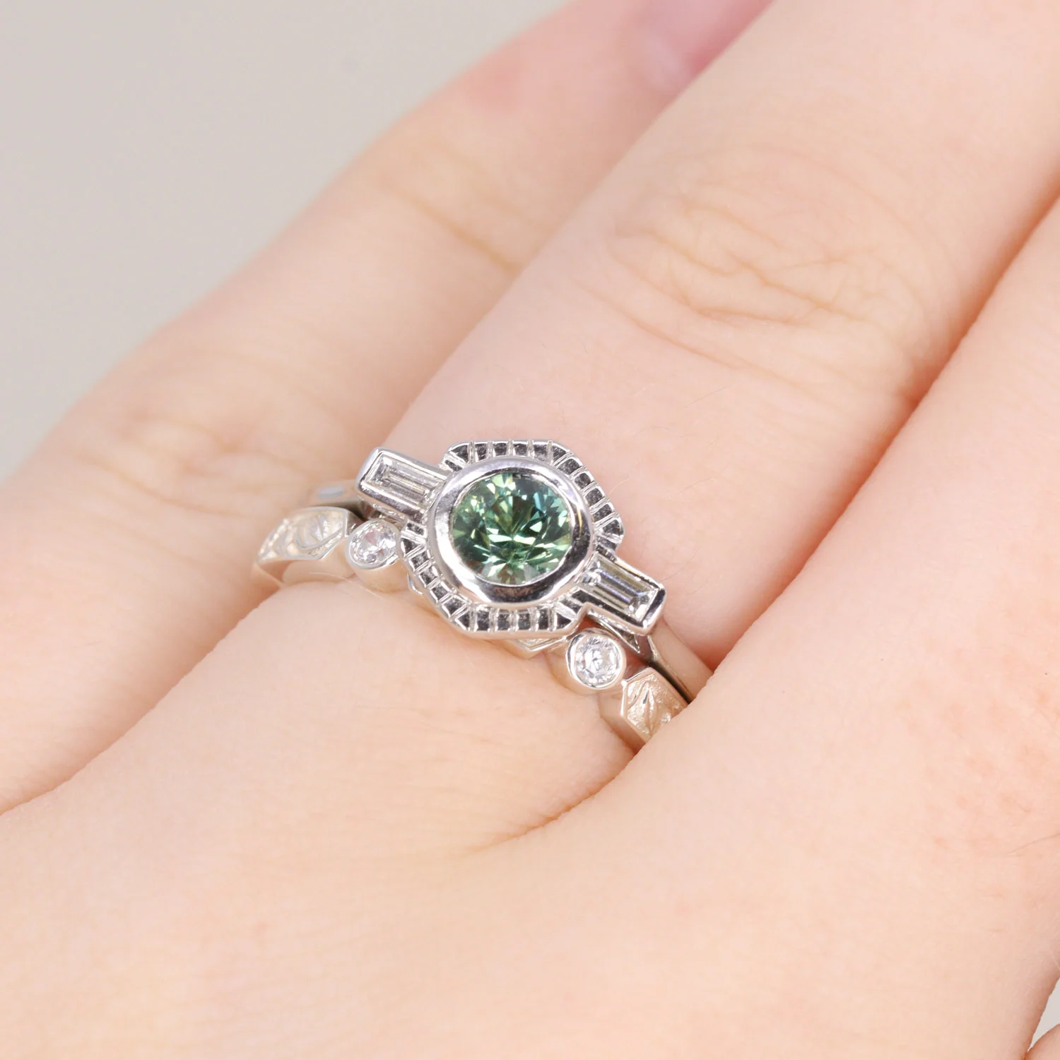 Olivia - Teal Sapphire Art Deco Halo Engagement Ring - Ready-to-Wear - Image 7