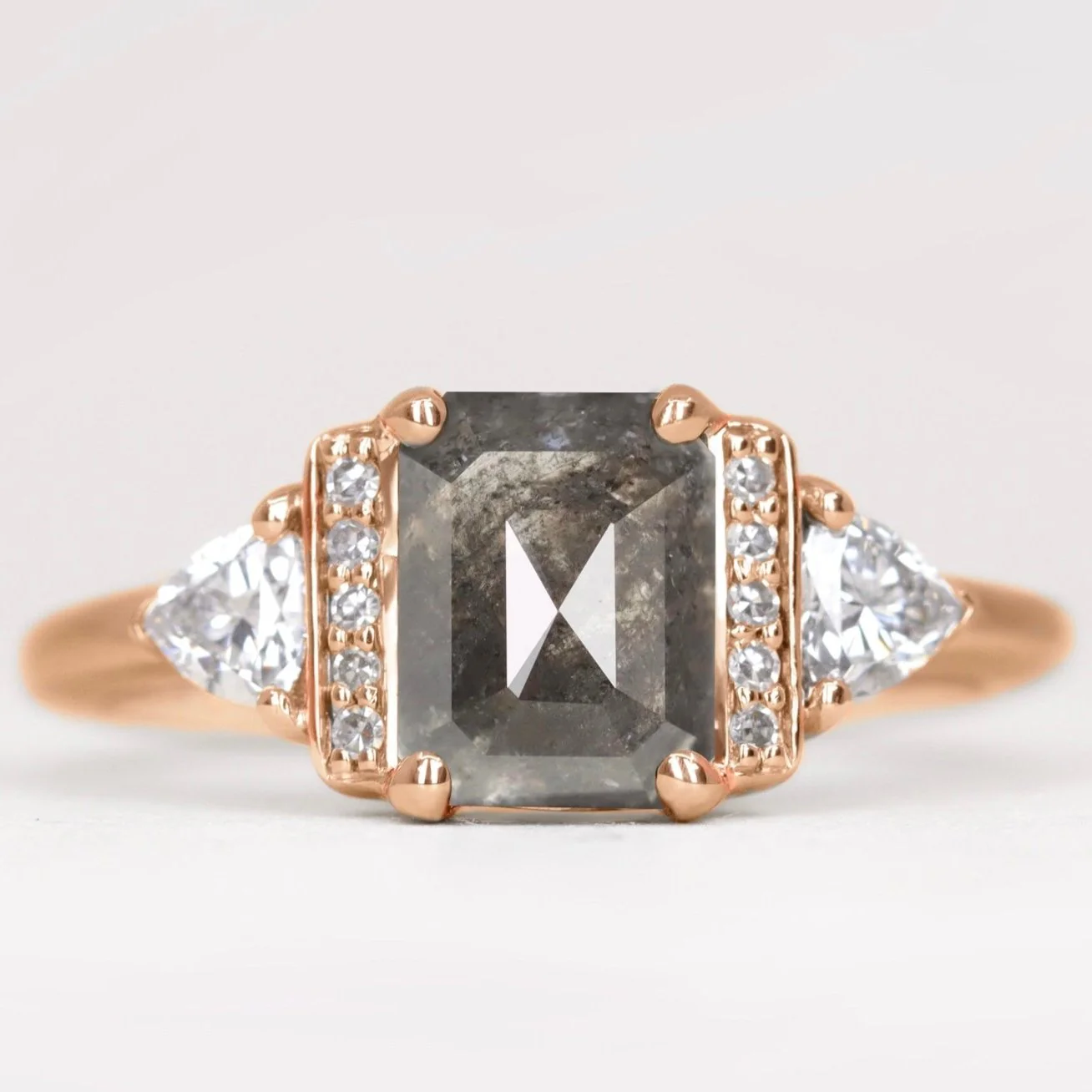 Ophelia - Emerald Cut Salt & Pepper Diamond Art Deco Custom Engagement Ring - Image 3