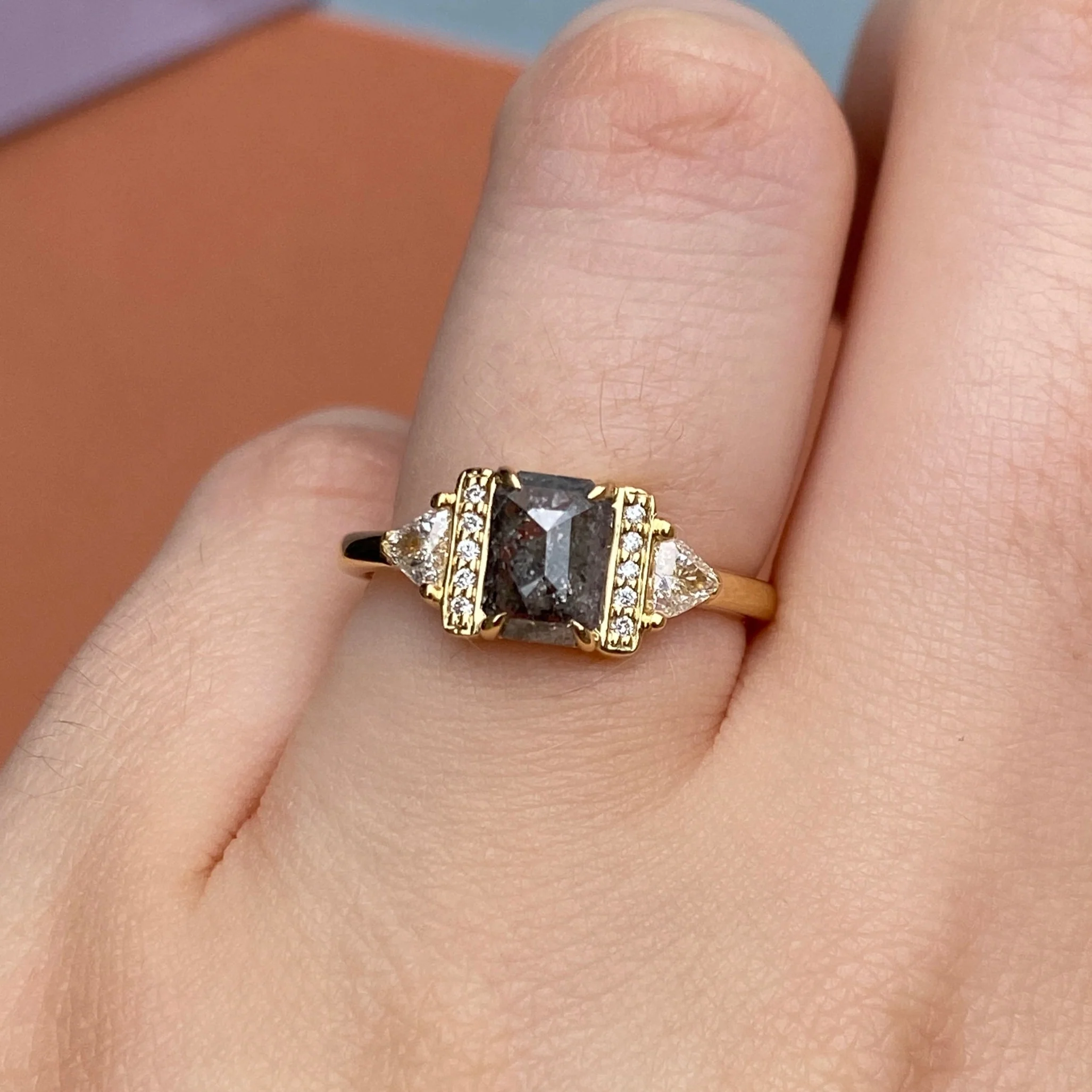 Ophelia - Emerald Cut Salt & Pepper Diamond Art Deco Custom Engagement Ring - Image 4