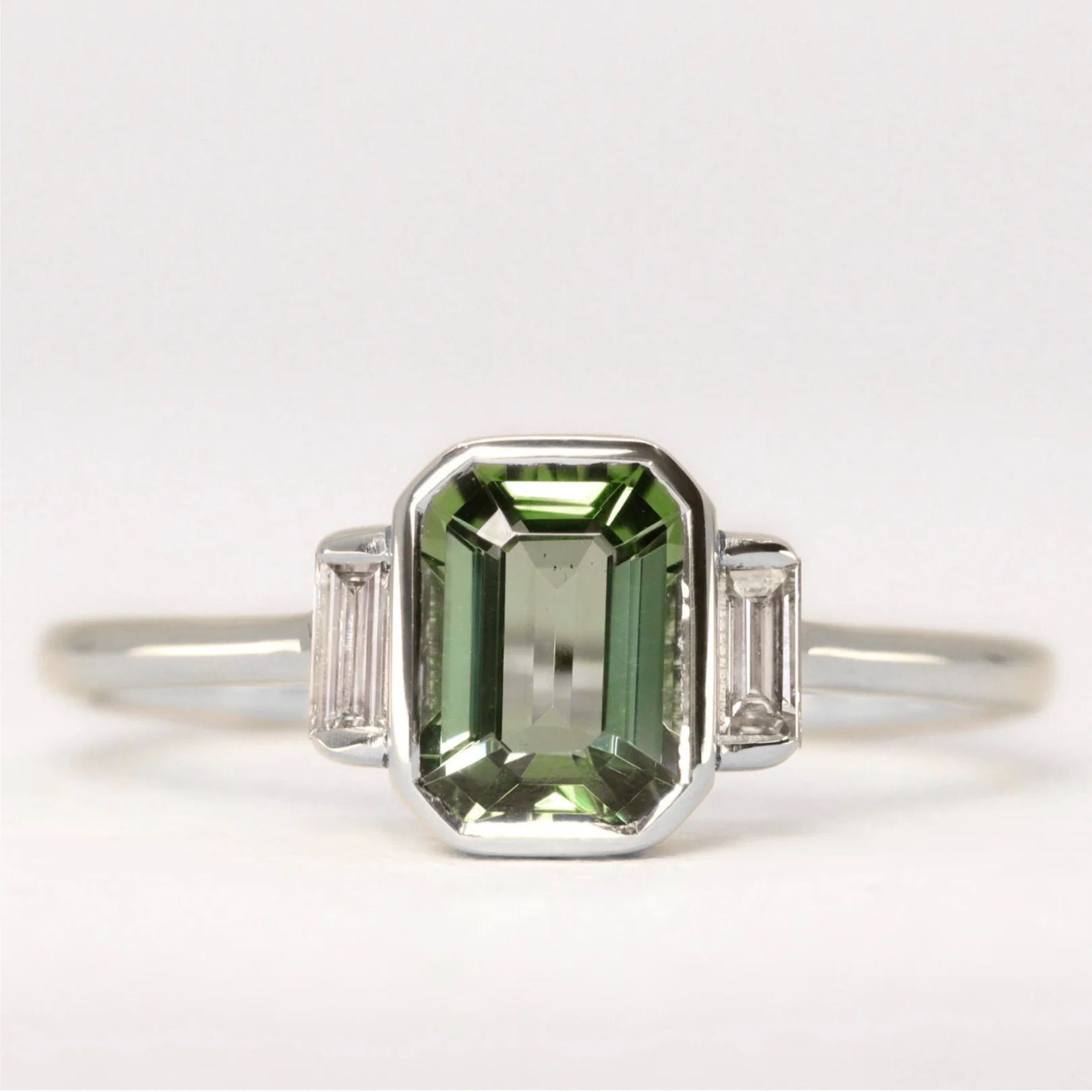 Phoebe - Emerald Cut Green Tourmaline Bezel Set Art Deco Trilogy Made-to-Order Engagement Ring - Image 3