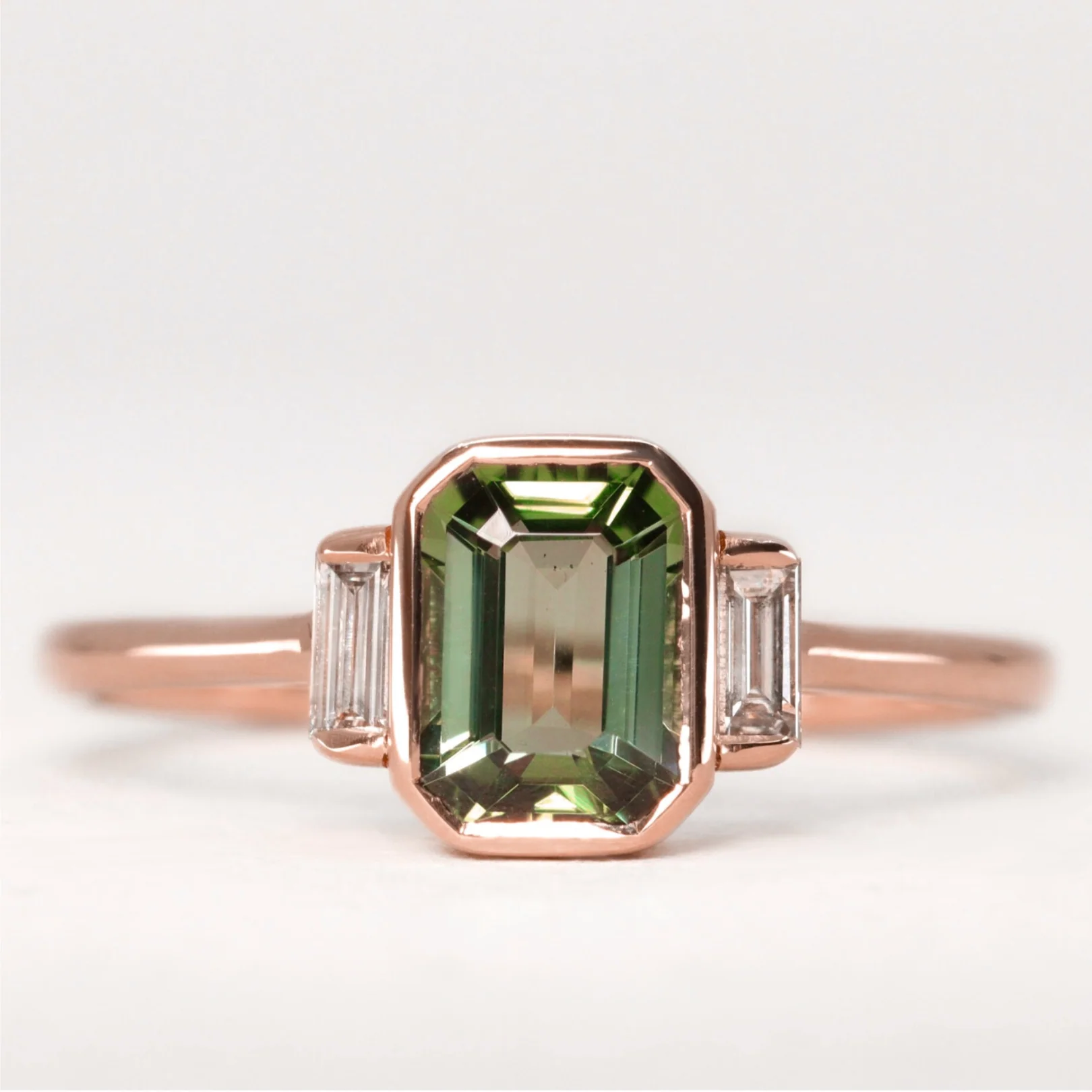 Phoebe - Emerald Cut Green Tourmaline Bezel Set Art Deco Trilogy Made-to-Order Engagement Ring - Image 4