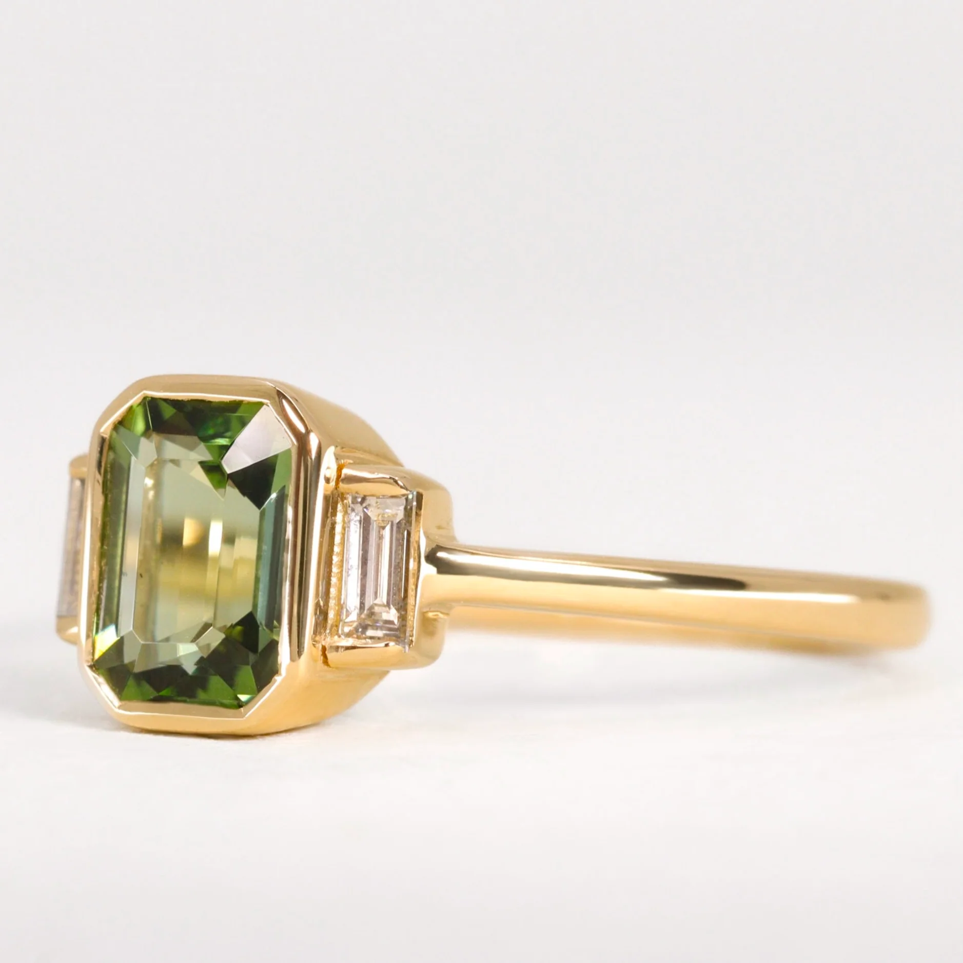 Phoebe - Emerald Cut Green Tourmaline Bezel Set Art Deco Trilogy Made-to-Order Engagement Ring - Image 5