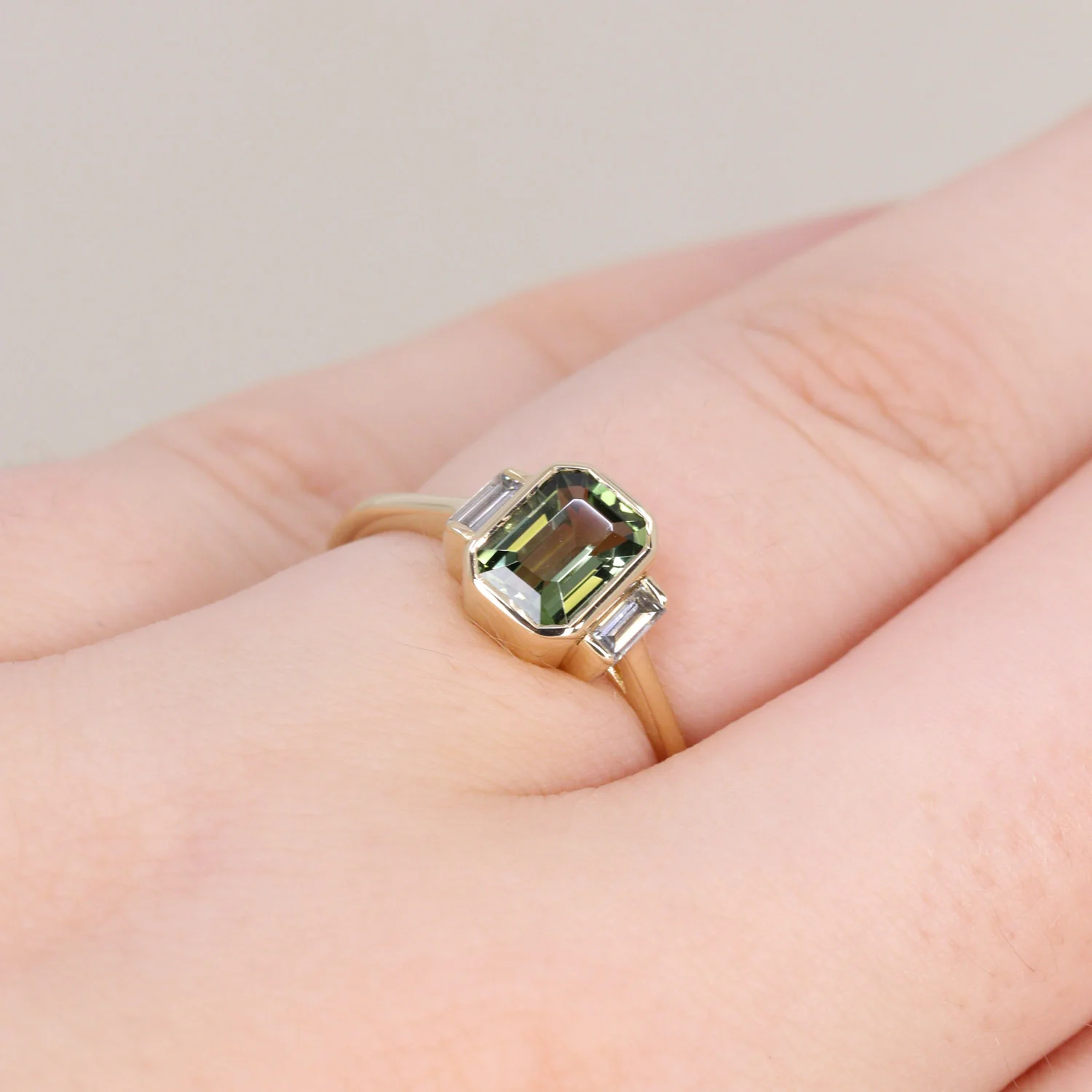 Phoebe - Emerald Cut Green Tourmaline Bezel Set Art Deco Trilogy Made-to-Order Engagement Ring - Image 6
