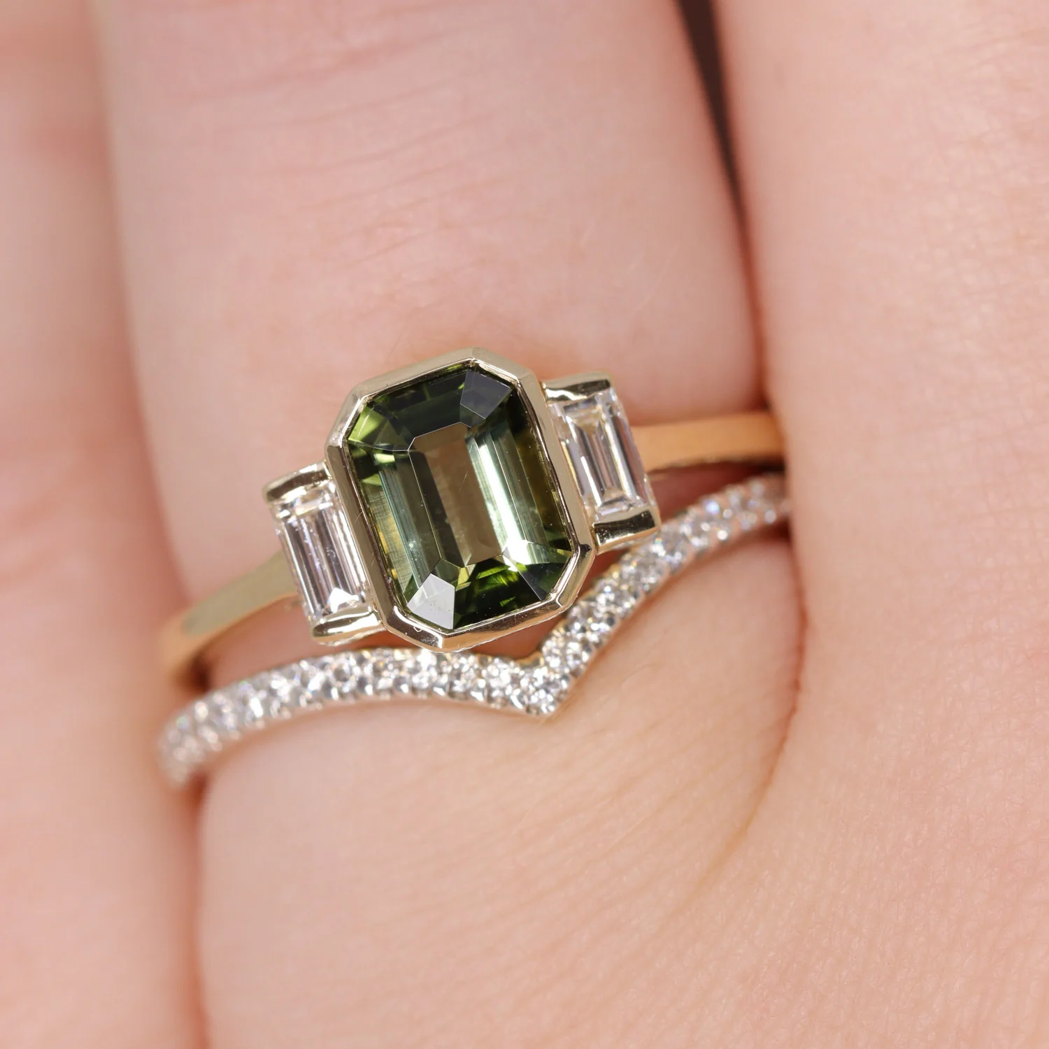 Phoebe - Emerald Cut Green Tourmaline Trilogy Engagement Ring - Ready-to-Wear - Image 4