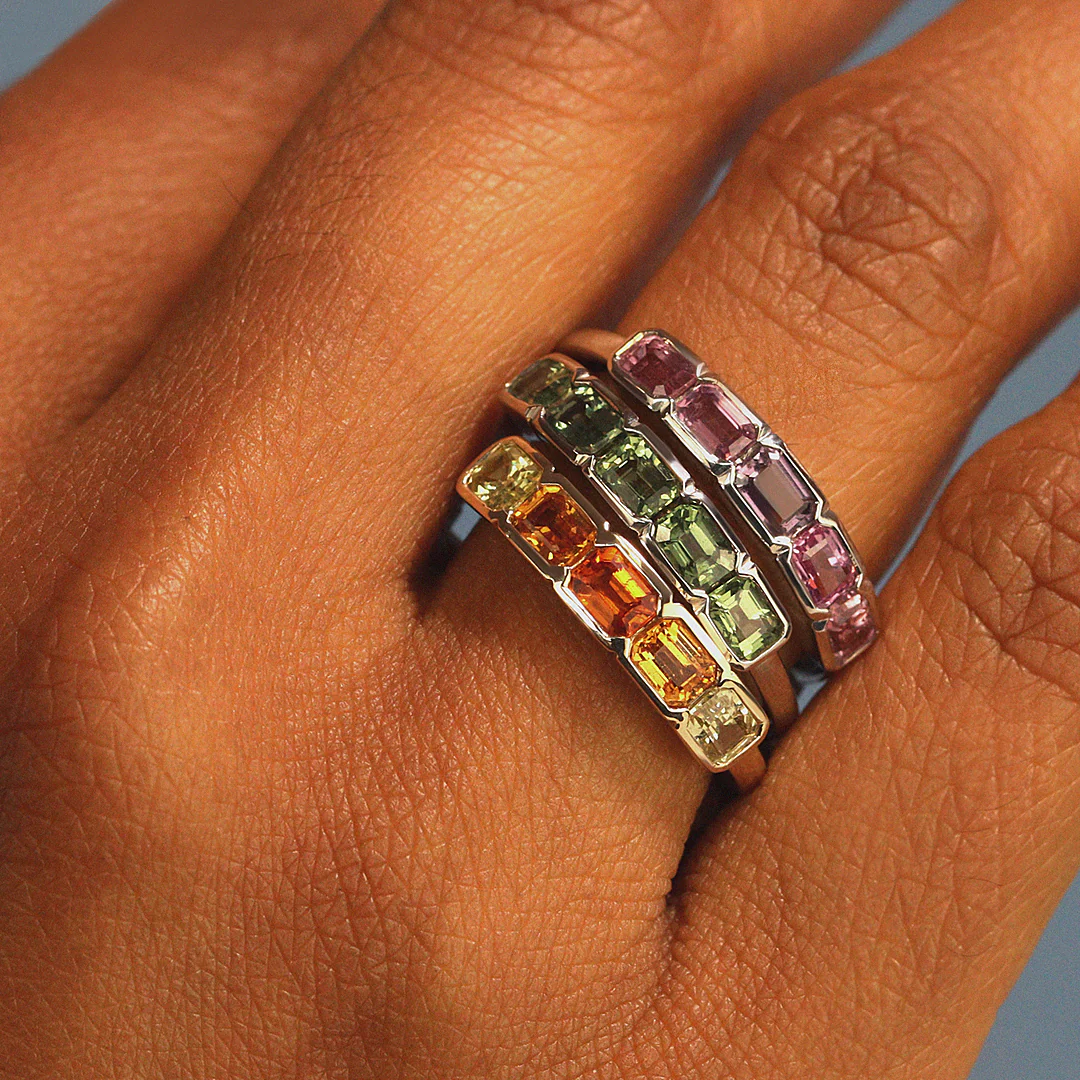 Primrose - Emerald Cut Pink Tourmaline 5 Stone Eternity Dress Ring - Image 4